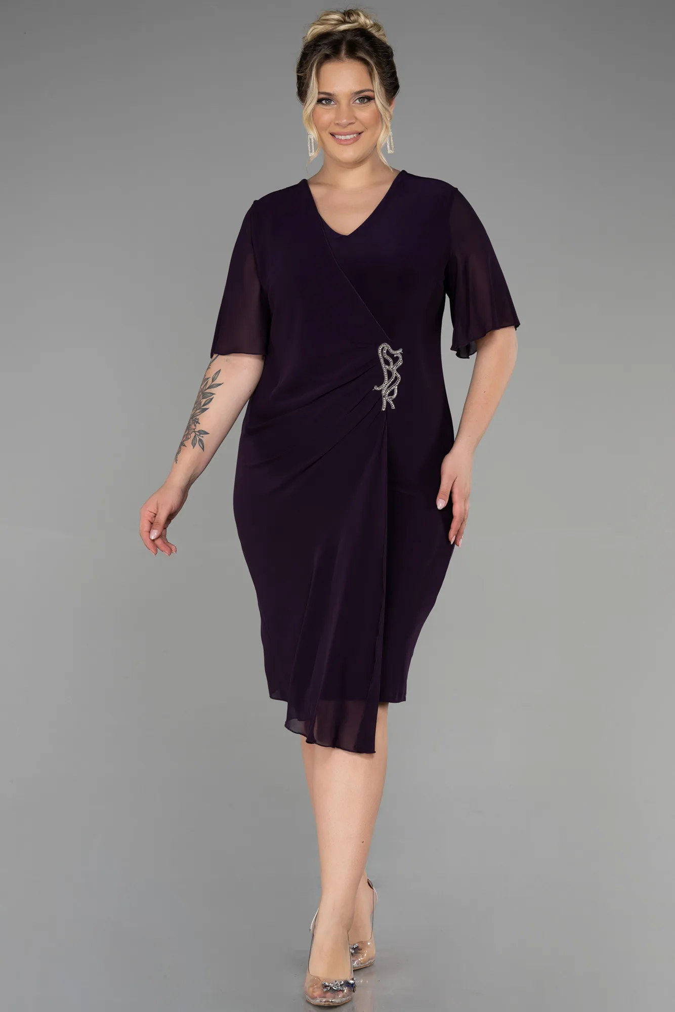 Purple-Short Chiffon Plus Size Evening Dress ABK1299