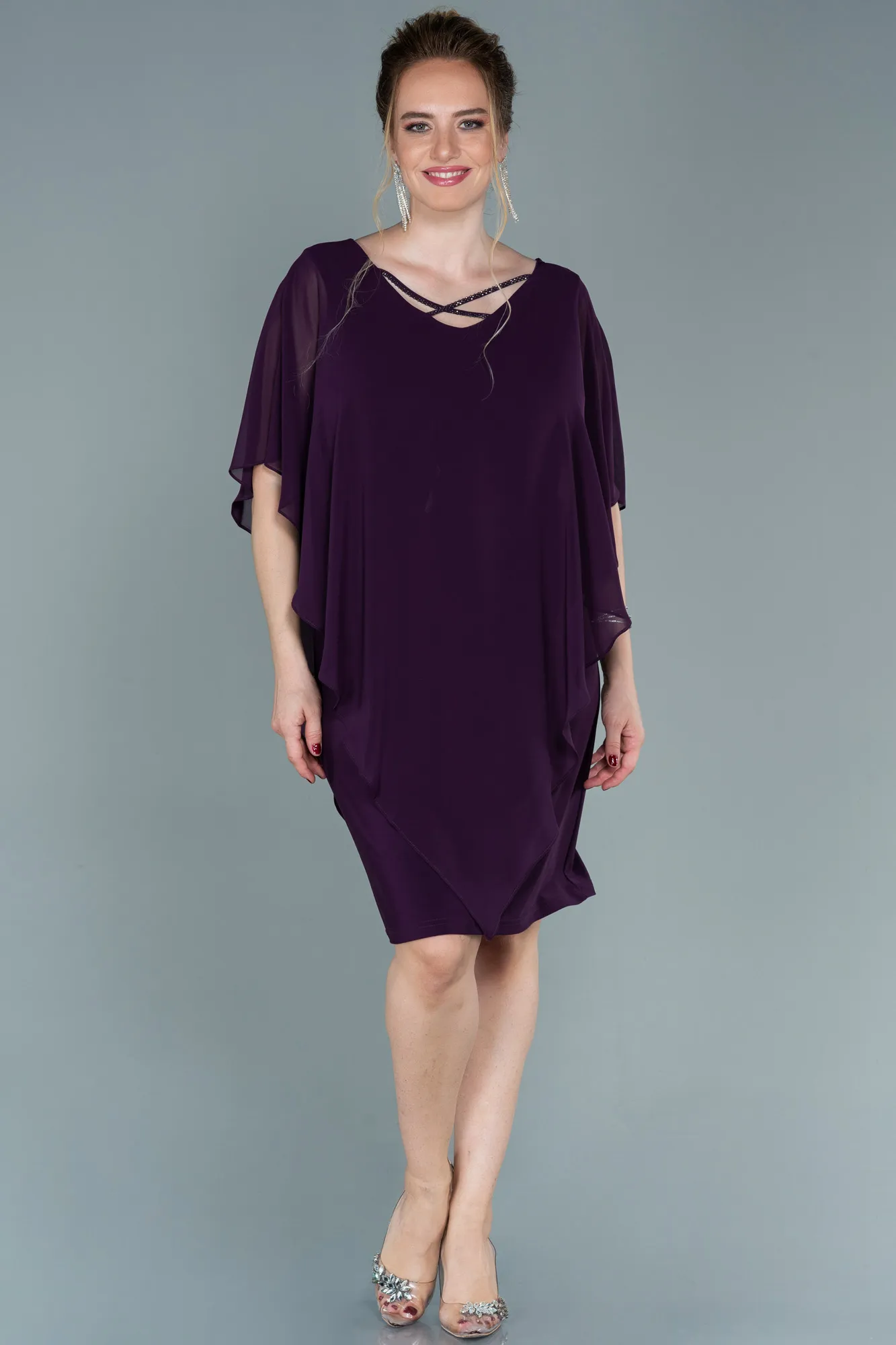 Purple-Short Chiffon Plus Size Evening Dress ABK1494