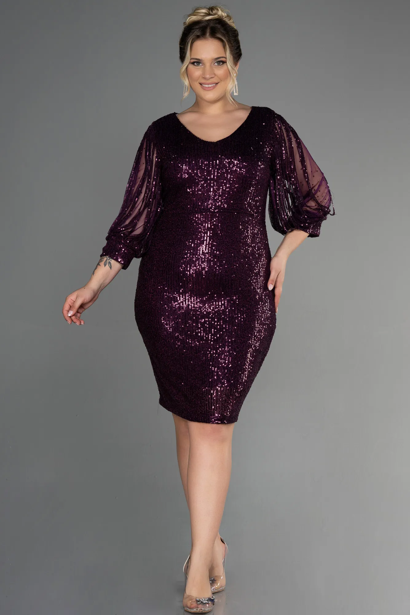 Purple-Short Plus Size Evening Dress ABK631