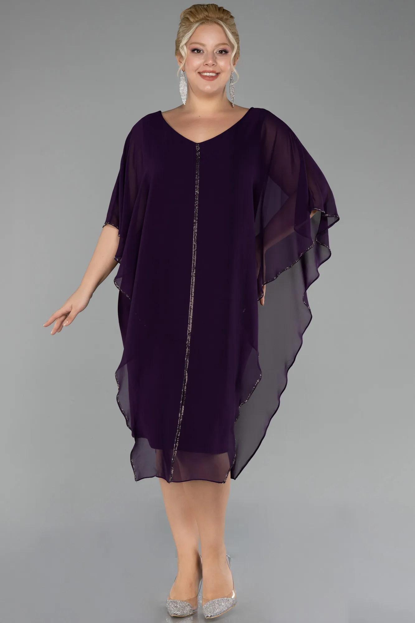 Purple-Short Sleeve Chiffon Midi Plus Size Evening Dress ABK2134