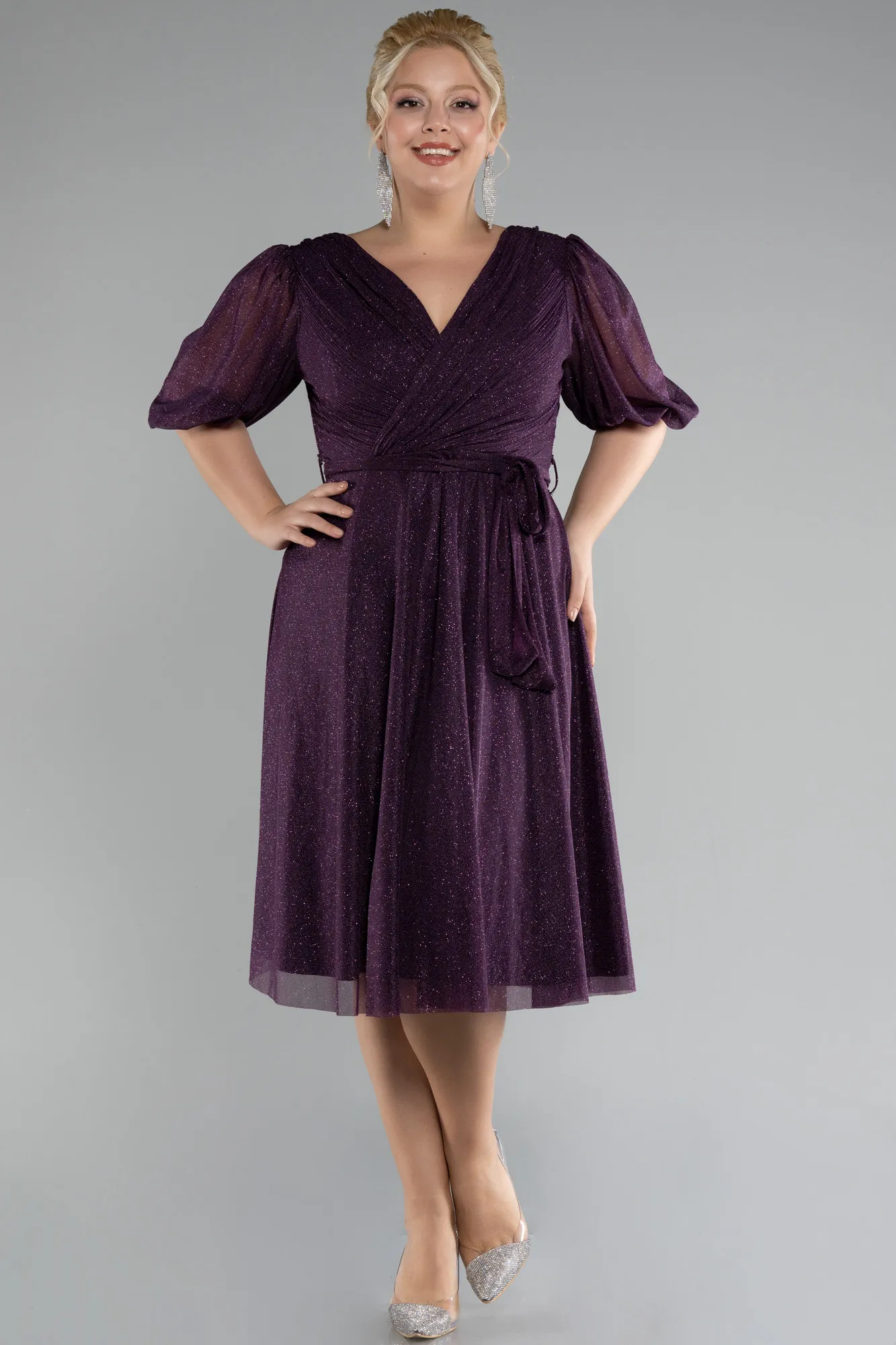 Purple-Short Sleeve Glitter Midi Invitation Dress ABK2135