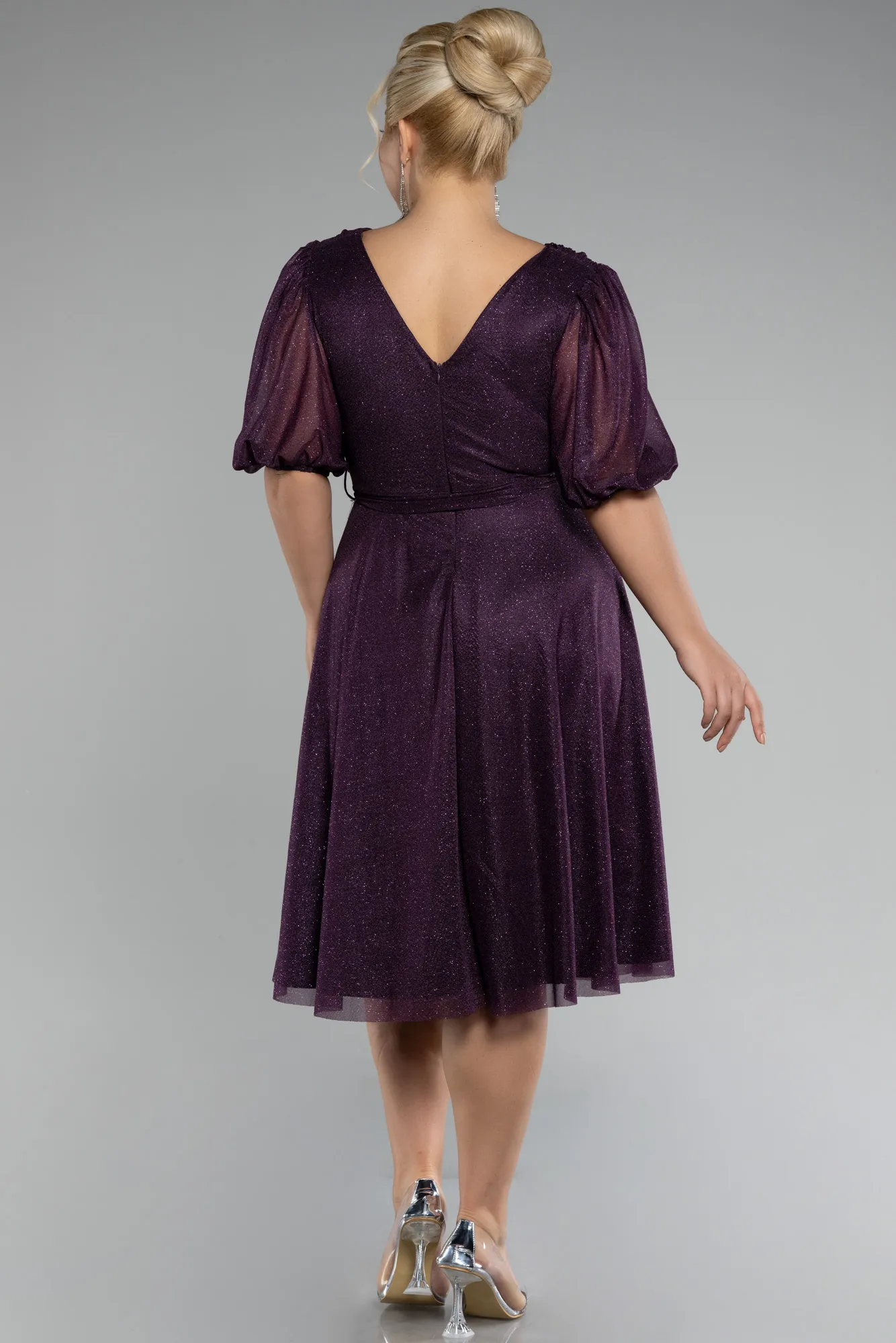 Purple-Short Sleeve Glitter Midi Invitation Dress ABK2135