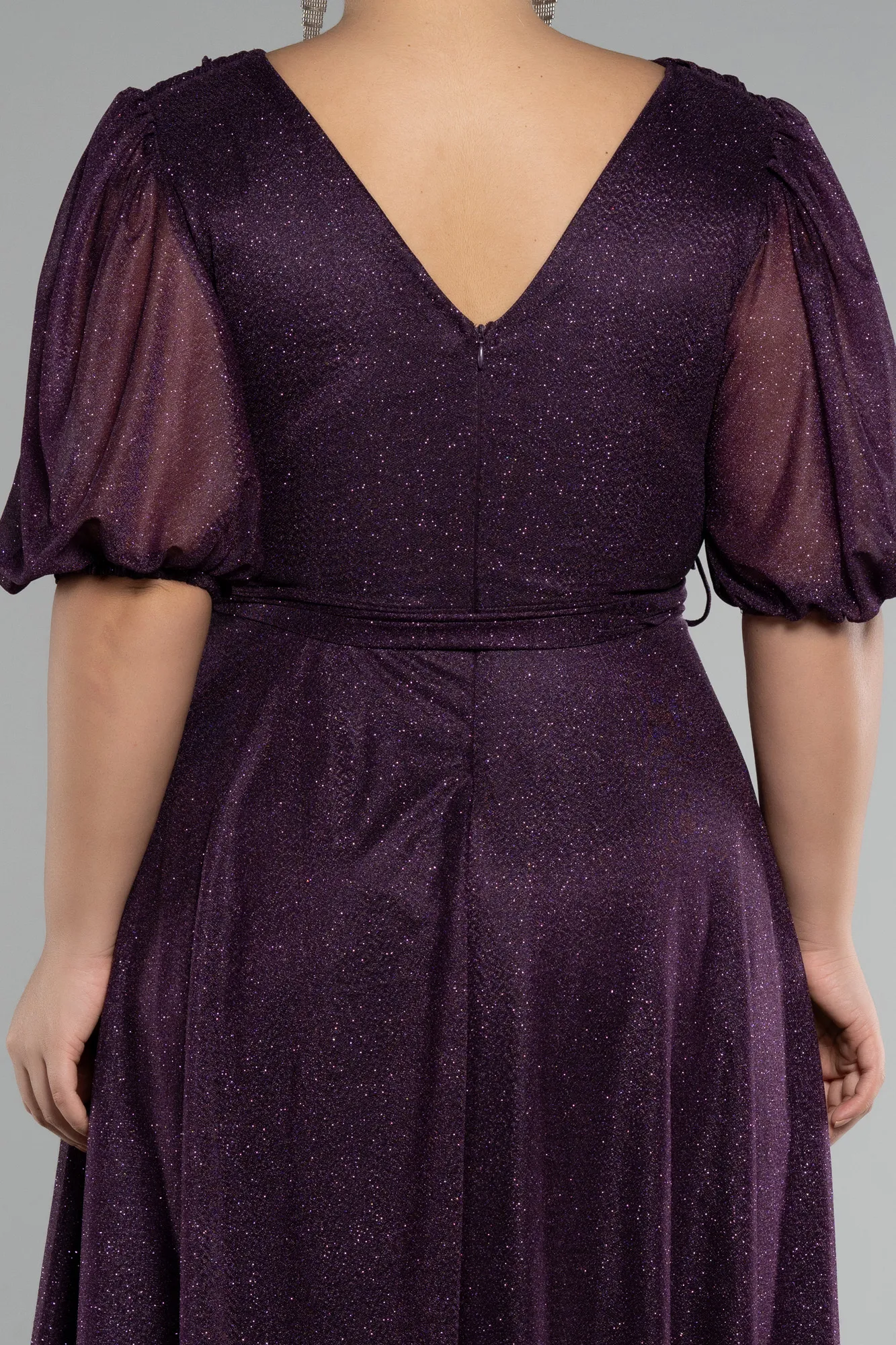 Purple-Short Sleeve Glitter Midi Invitation Dress ABK2135