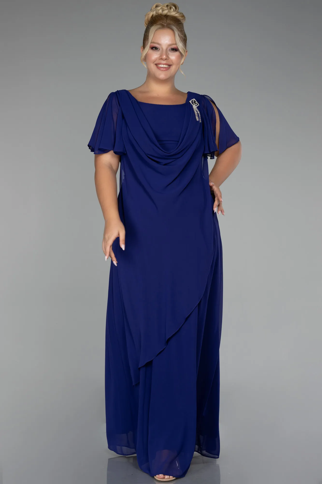 Purple-Short Sleeve Long Chiffon Plus Size Evening Dress ABU4097