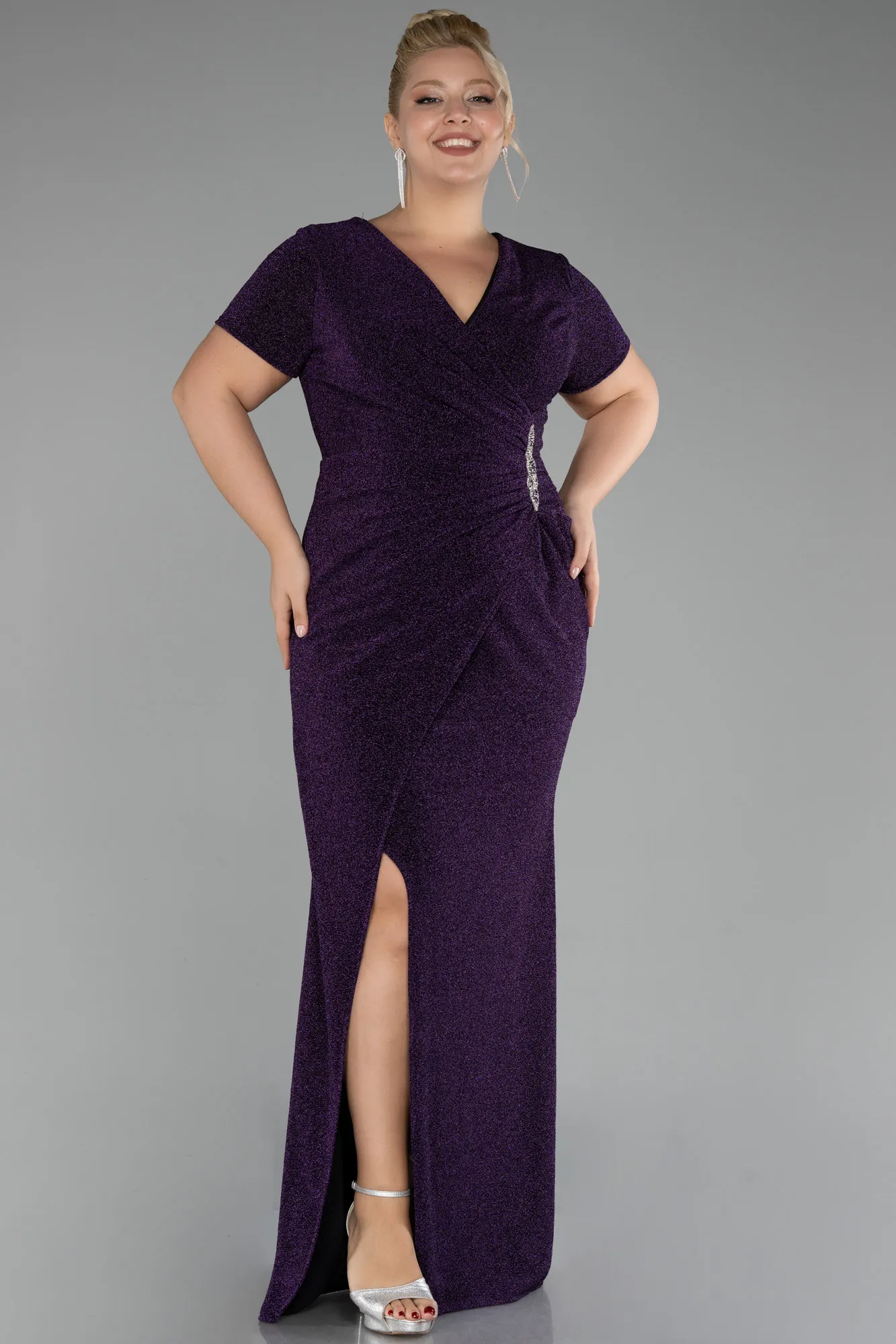 Purple-Short Sleeve Long Silvery Plus Size Evening Dress ABU4101