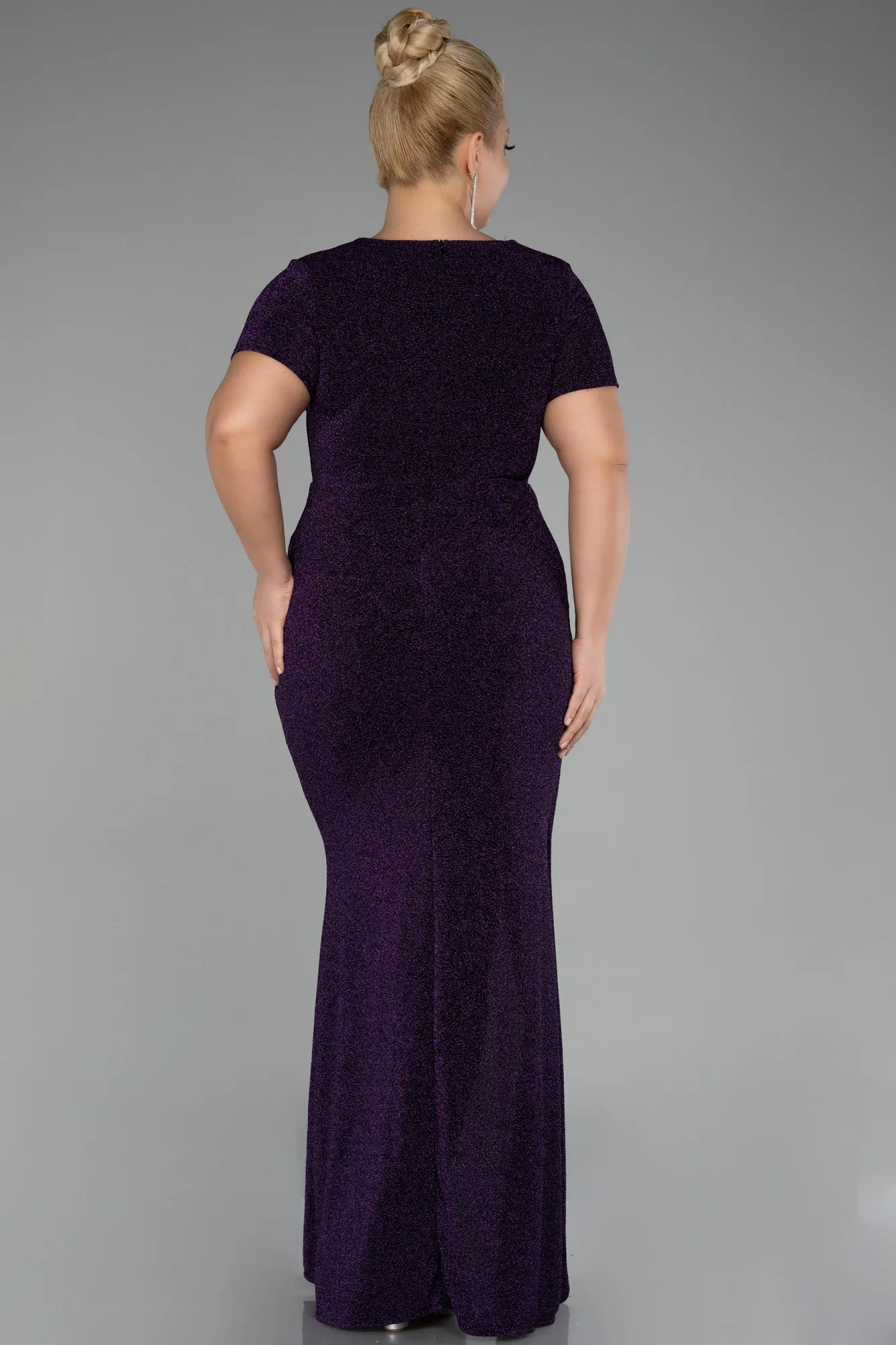 Purple-Short Sleeve Long Silvery Plus Size Evening Dress ABU4101