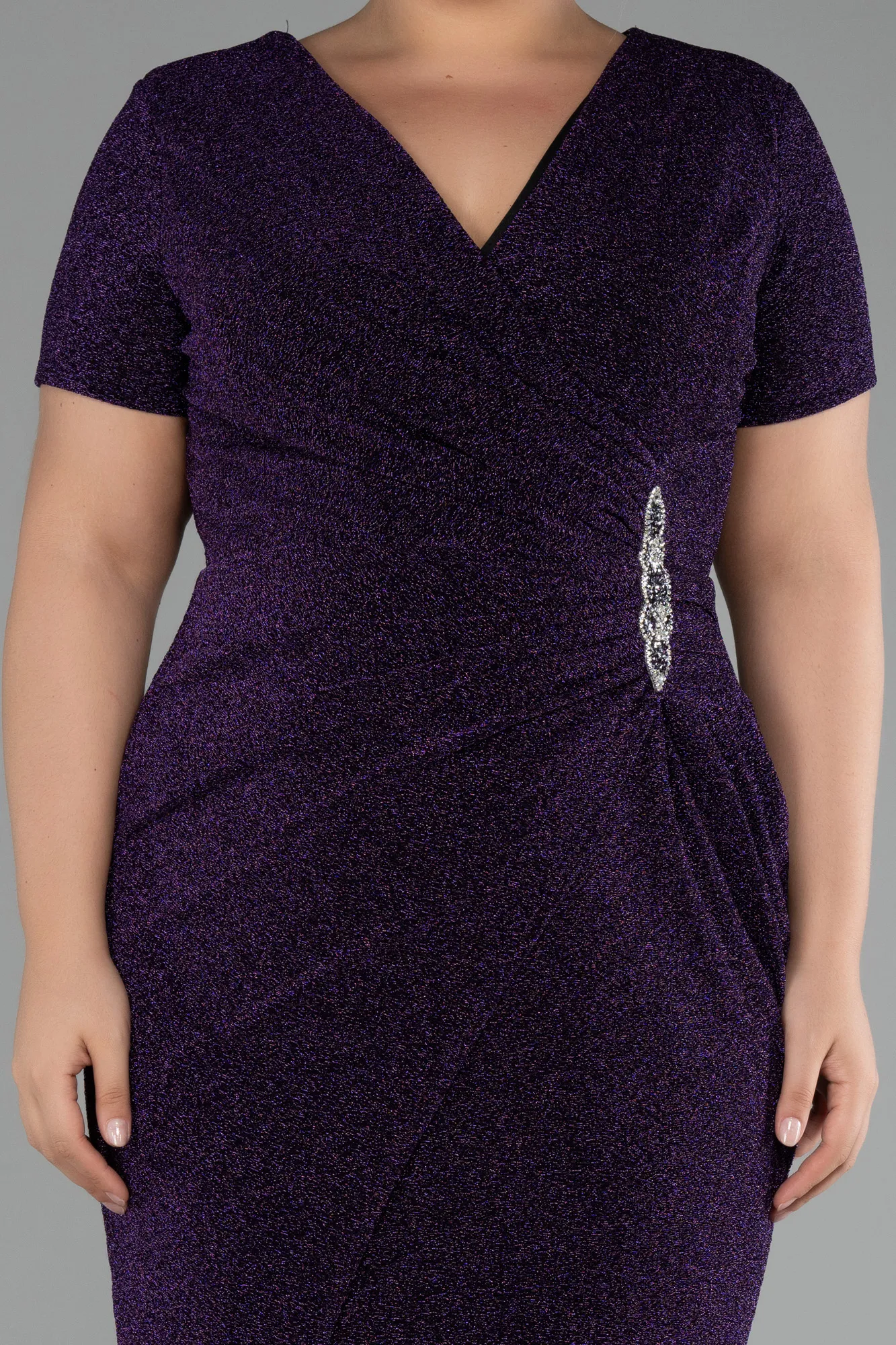 Purple-Short Sleeve Long Silvery Plus Size Evening Dress ABU4101