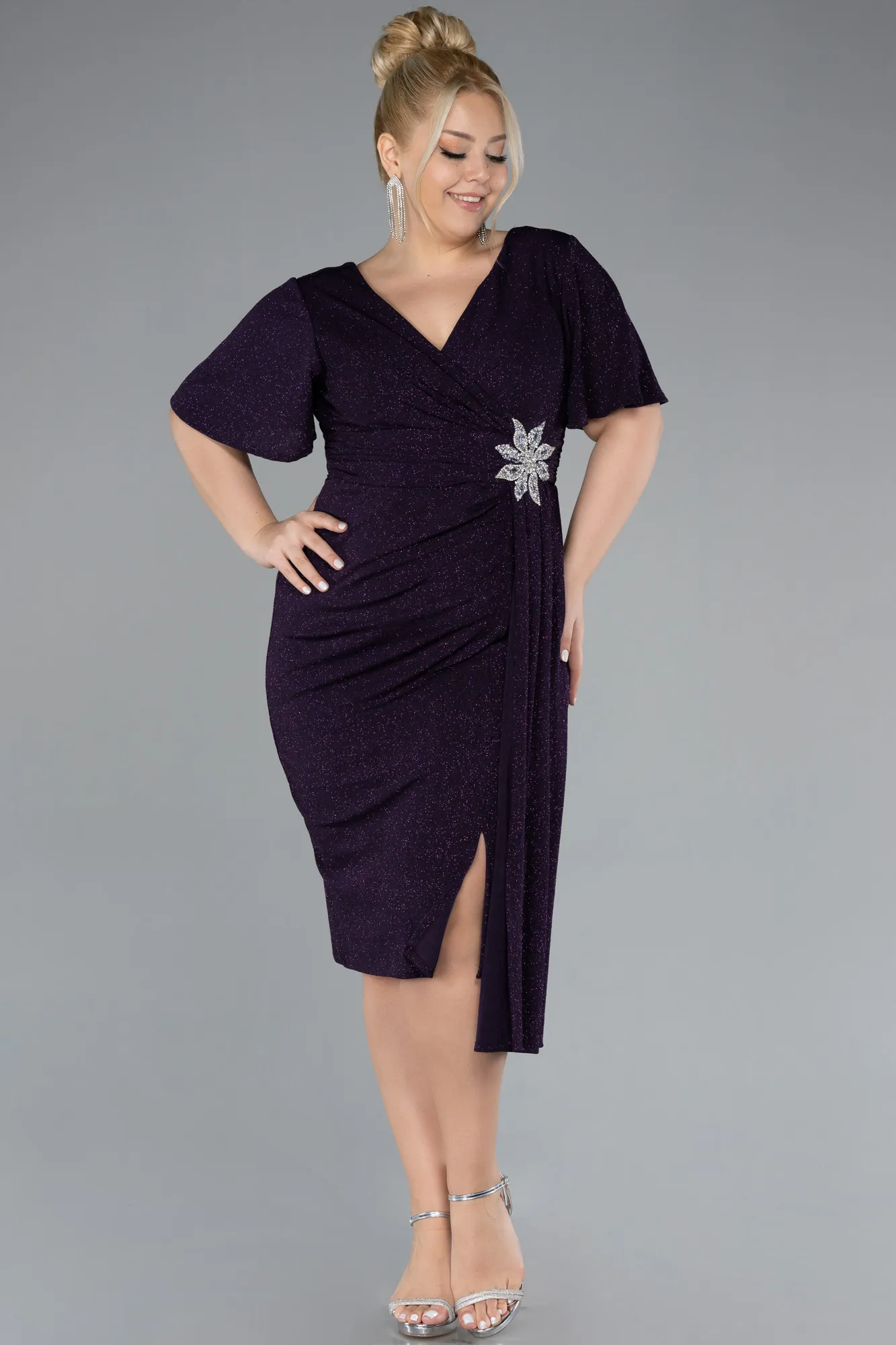 Purple-Short Sleeve Midi Glittery Plus Size Cocktail Dress ABK2146