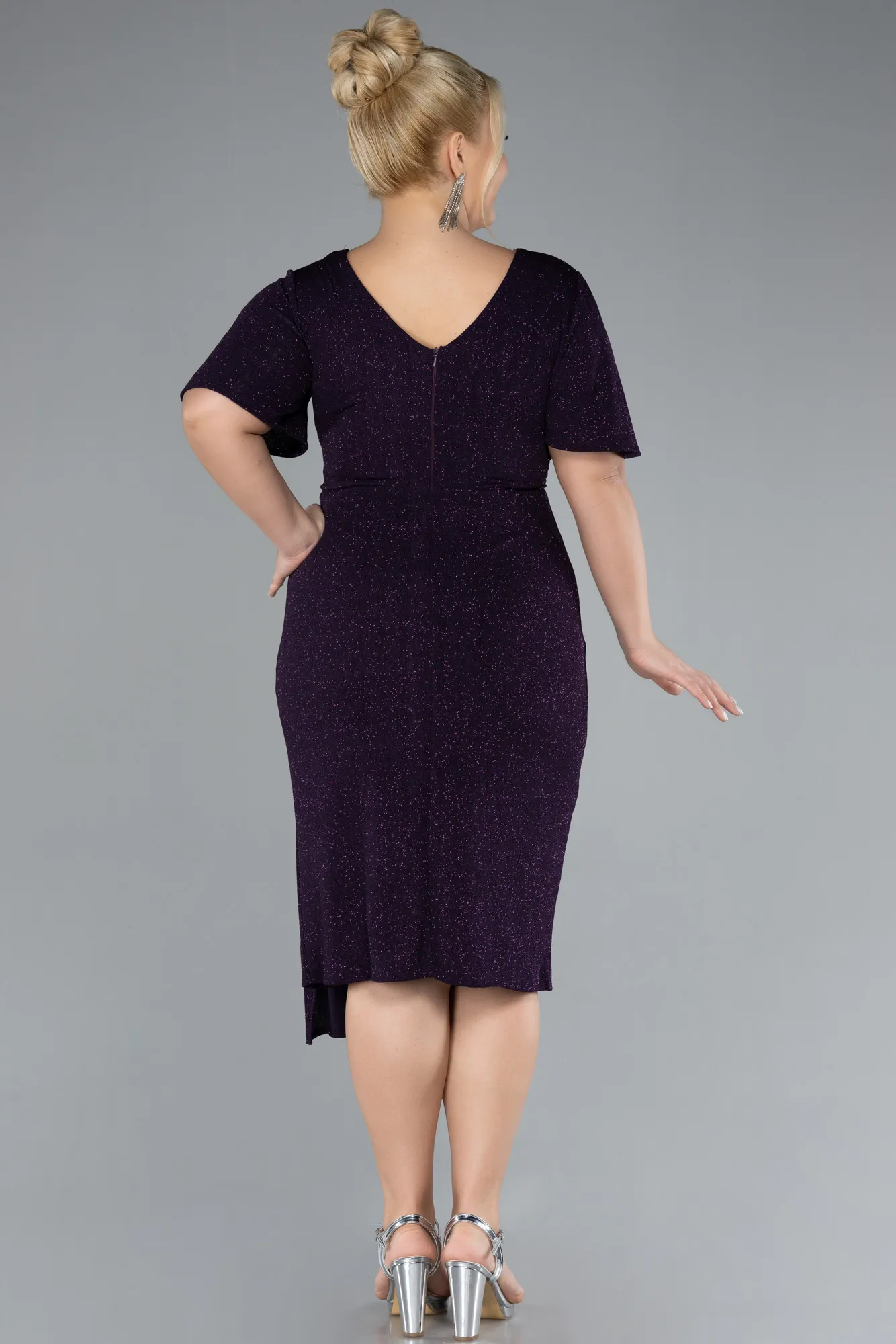 Purple-Short Sleeve Midi Glittery Plus Size Cocktail Dress ABK2146