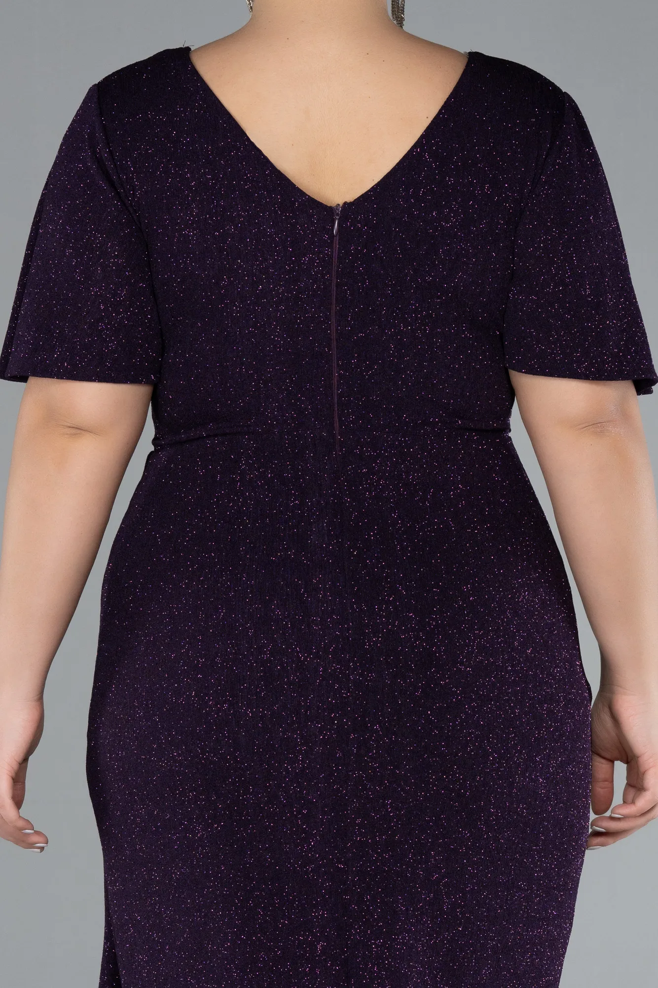 Purple-Short Sleeve Midi Glittery Plus Size Cocktail Dress ABK2146