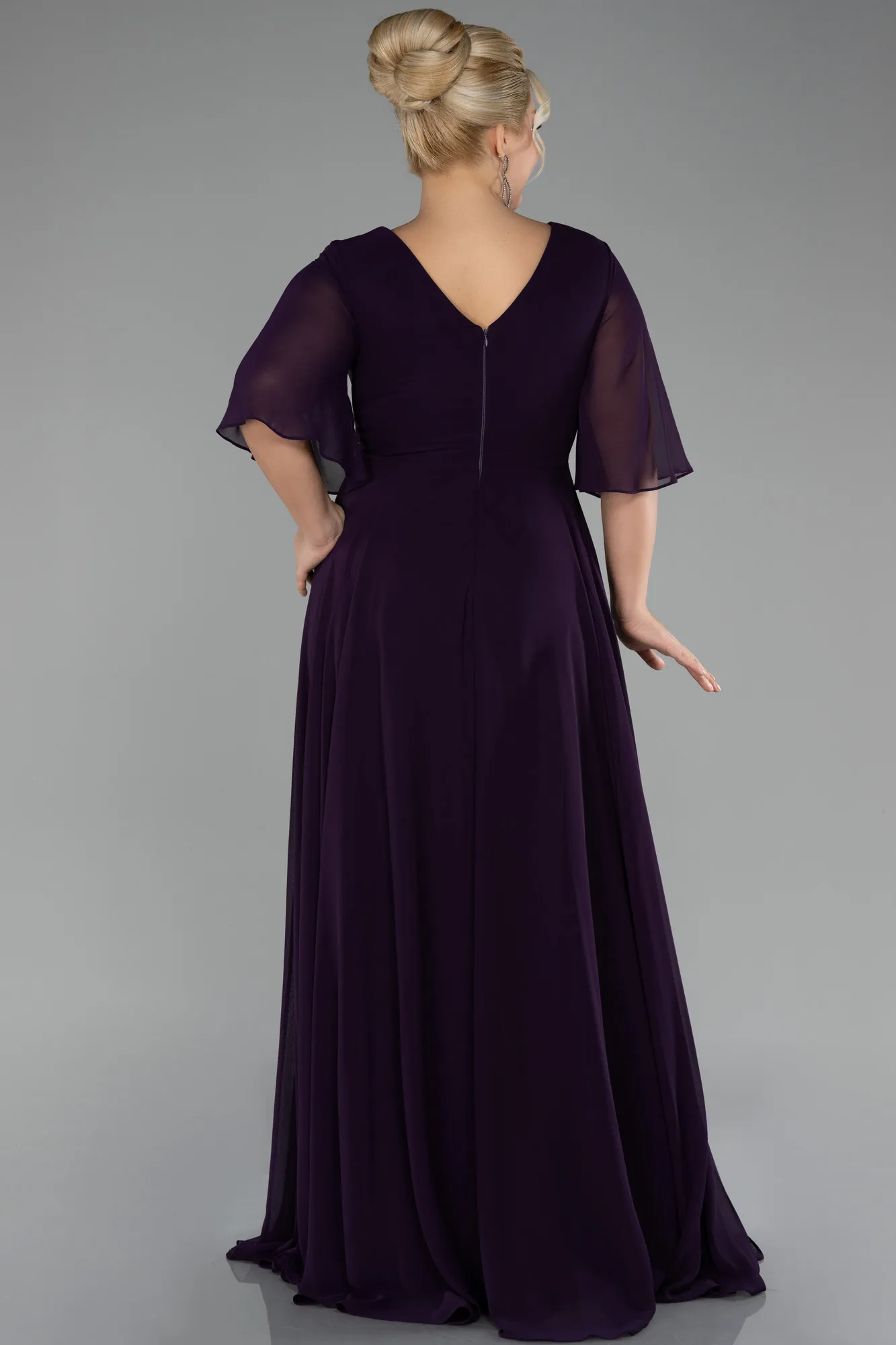 Purple-Short Sleeve Plus Size Long Chiffon Evening Dress ABU3991