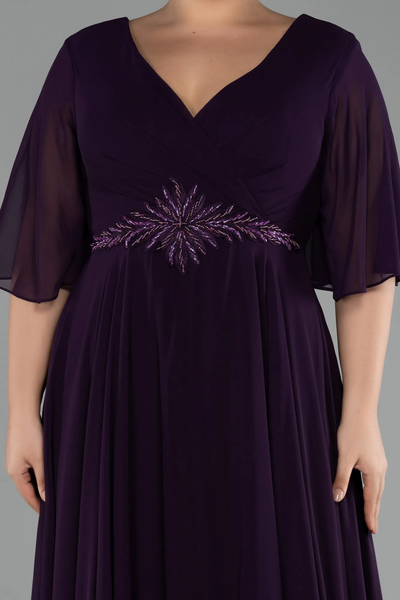 Purple-Short Sleeve Plus Size Long Chiffon Evening Dress ABU3991