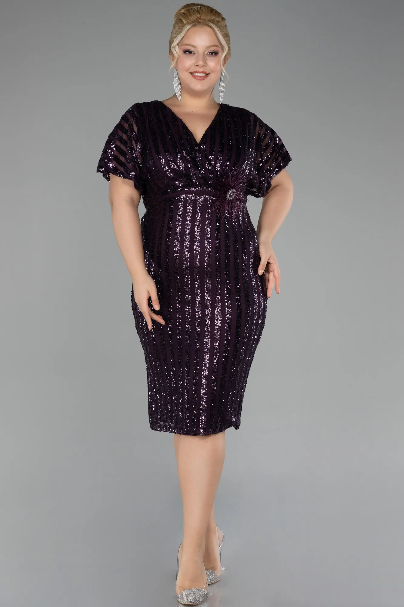 Purple-Short Sleeve Scaly Midi Plus Size Cocktail Dress ABK2104