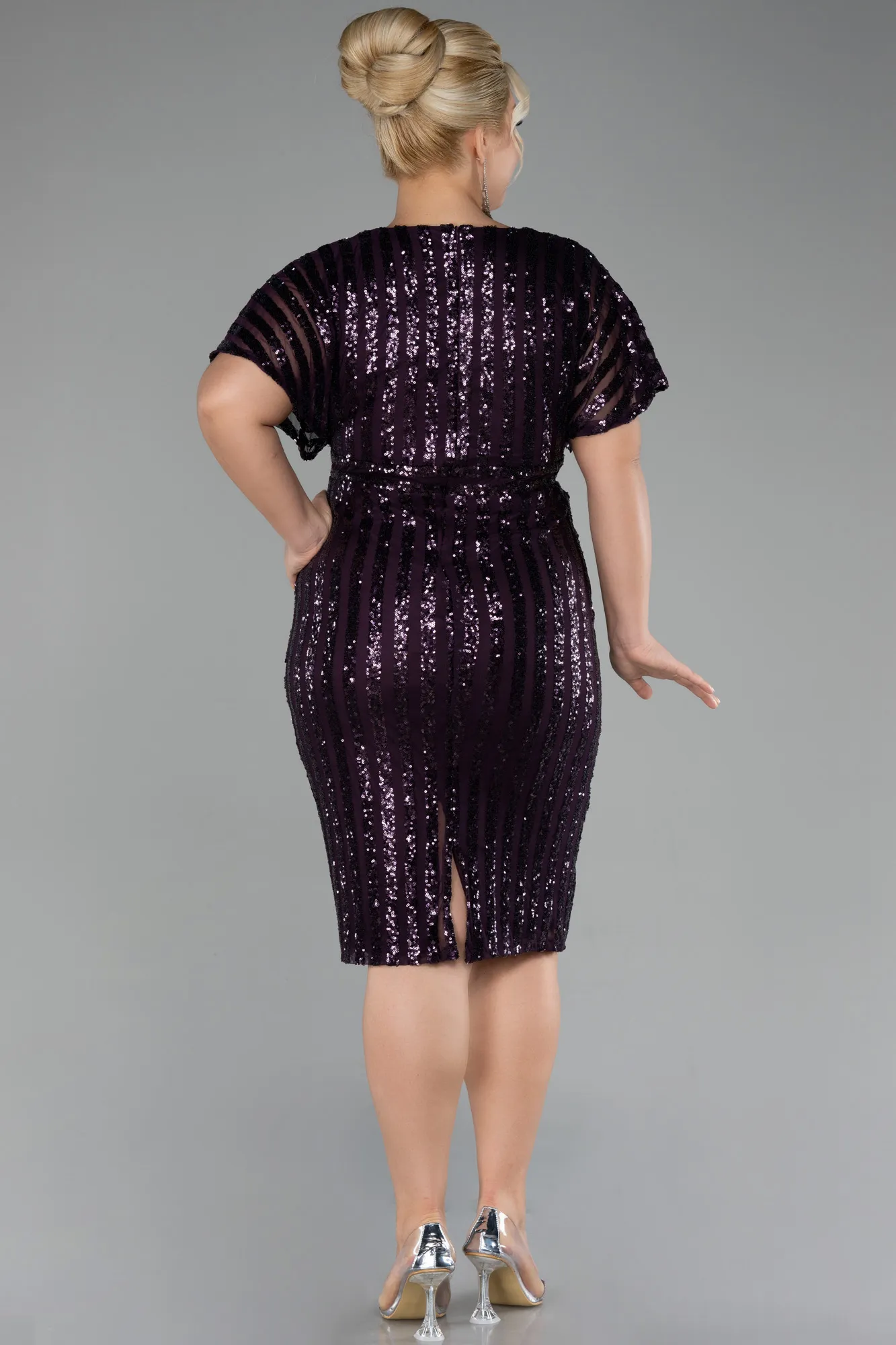 Purple-Short Sleeve Scaly Midi Plus Size Cocktail Dress ABK2104