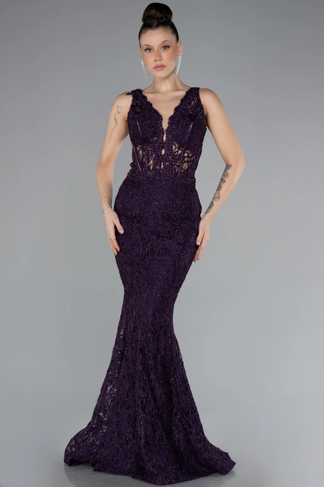 Purple-Sleeveless Laced Long Mermaid Prom Gown ABU4493