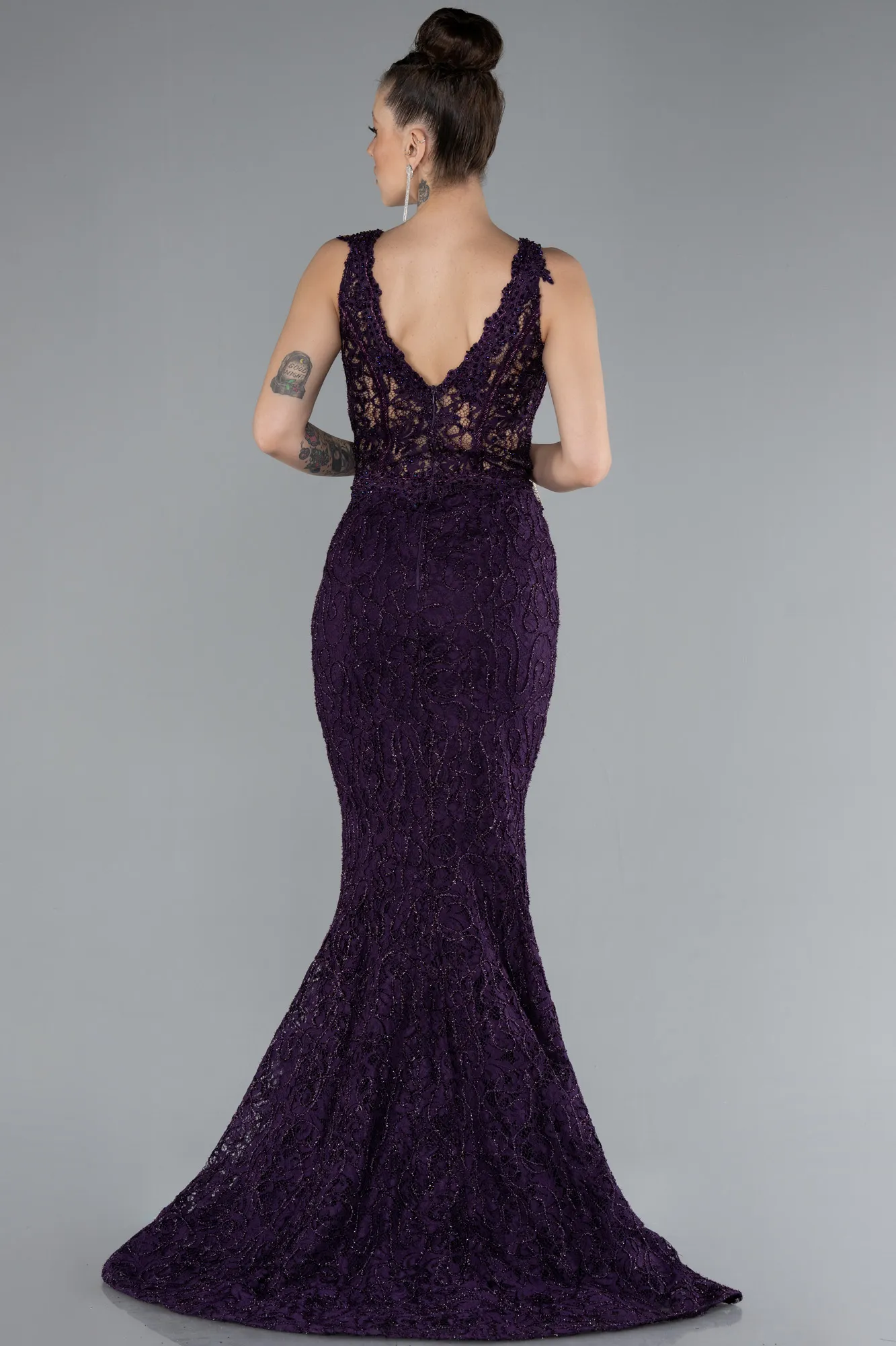 Purple-Sleeveless Laced Long Mermaid Prom Gown ABU4493