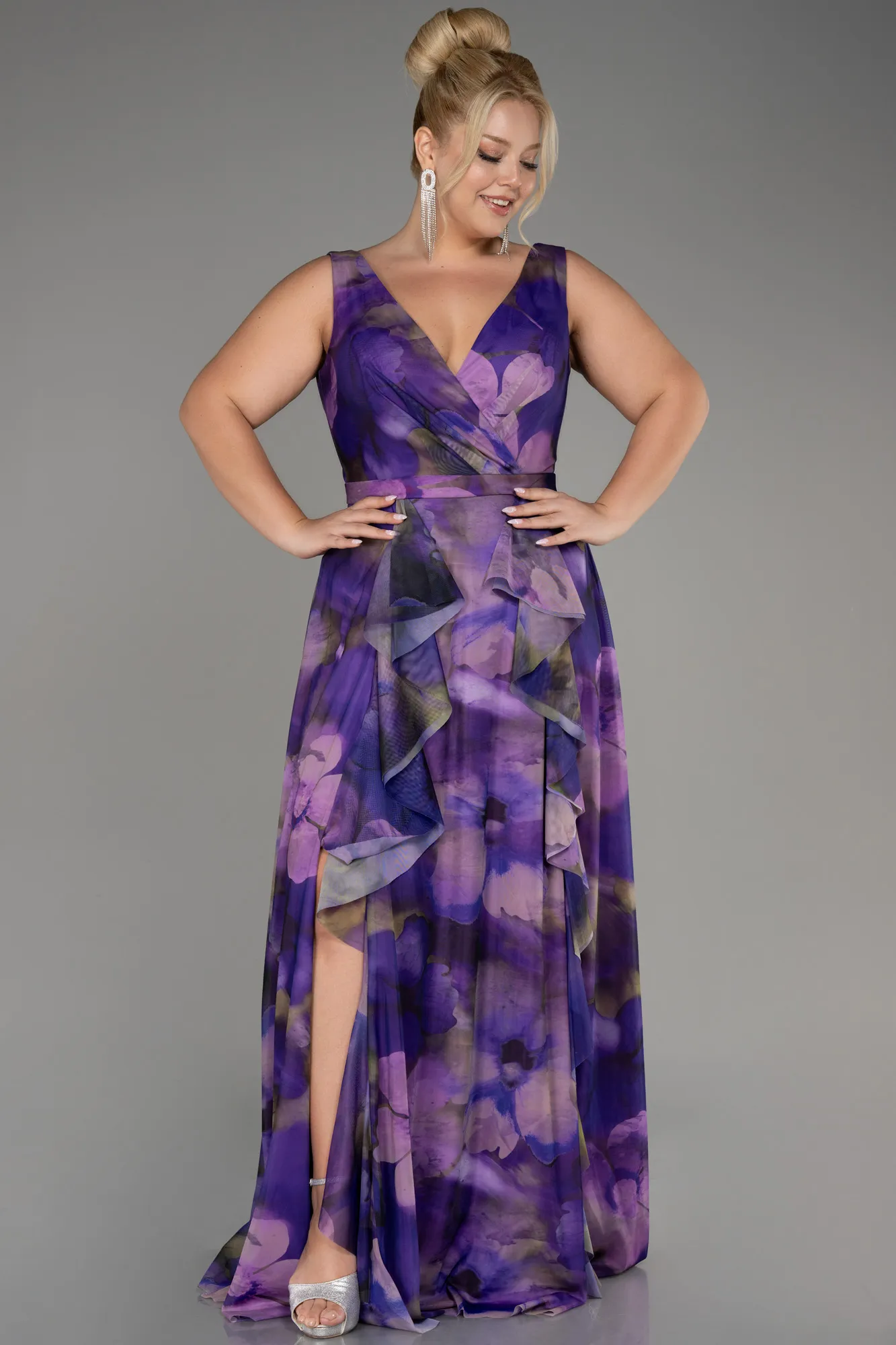 Purple-Sleevess Printed Chiffon Plus Size Prom Dress ABU4050