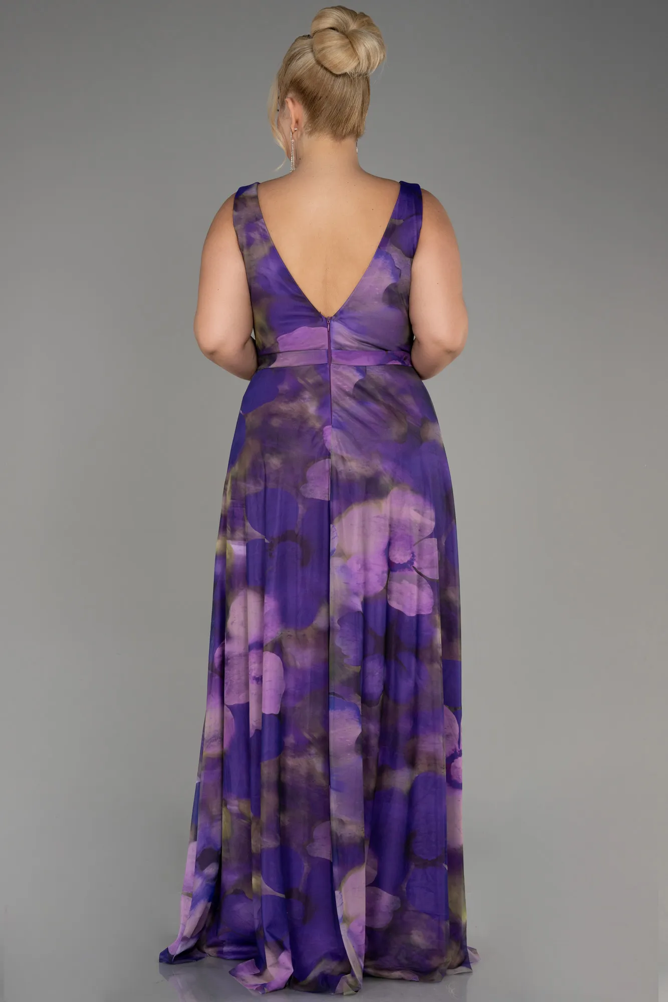 Purple-Sleevess Printed Chiffon Plus Size Prom Dress ABU4050