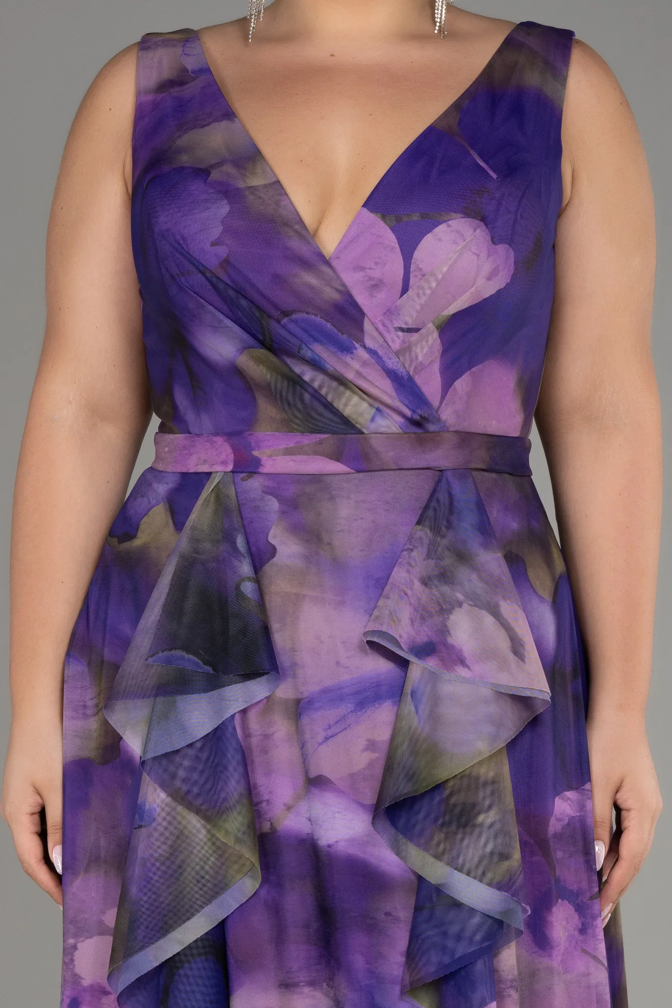 Purple-Sleevess Printed Chiffon Plus Size Prom Dress ABU4050