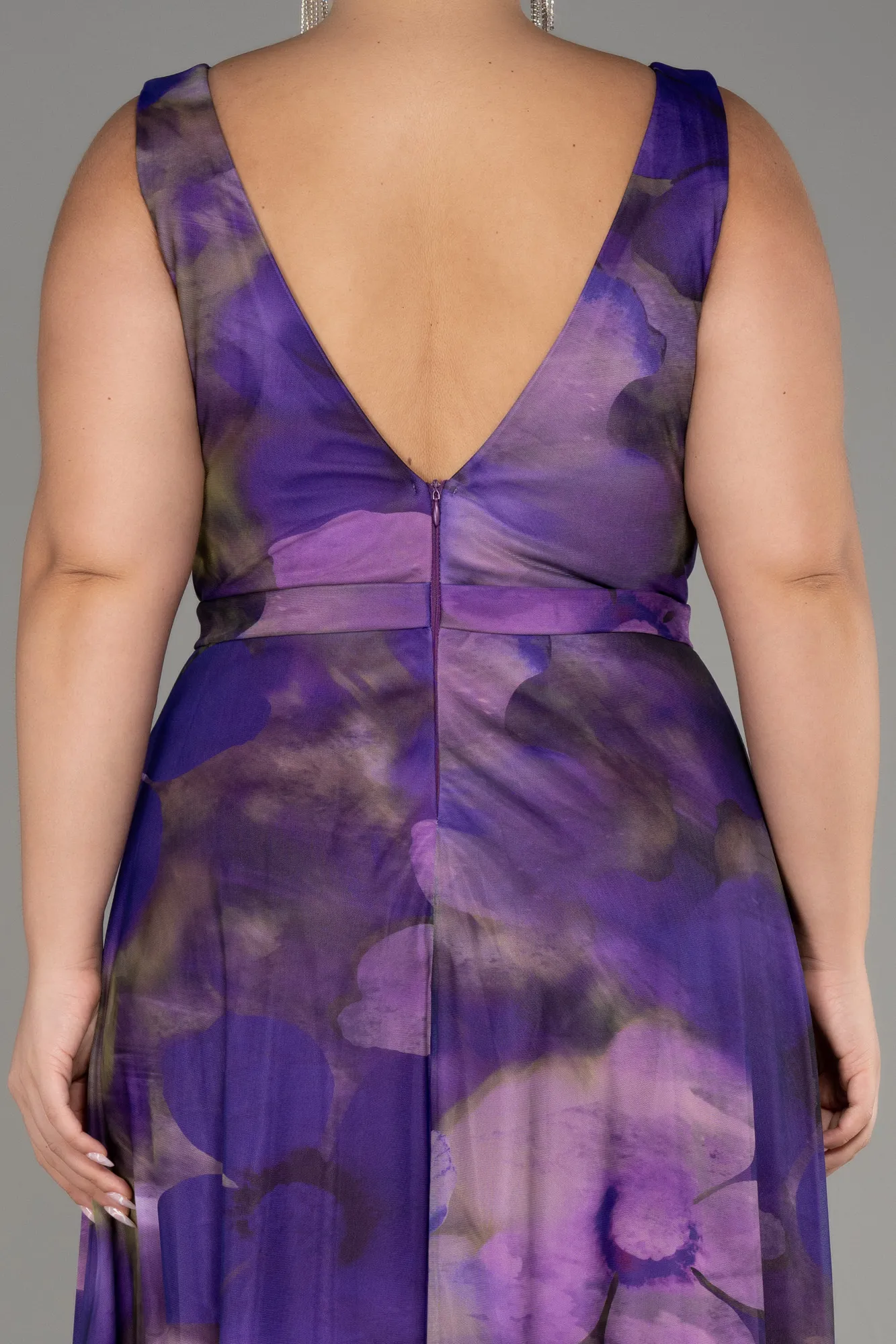 Purple-Sleevess Printed Chiffon Plus Size Prom Dress ABU4050