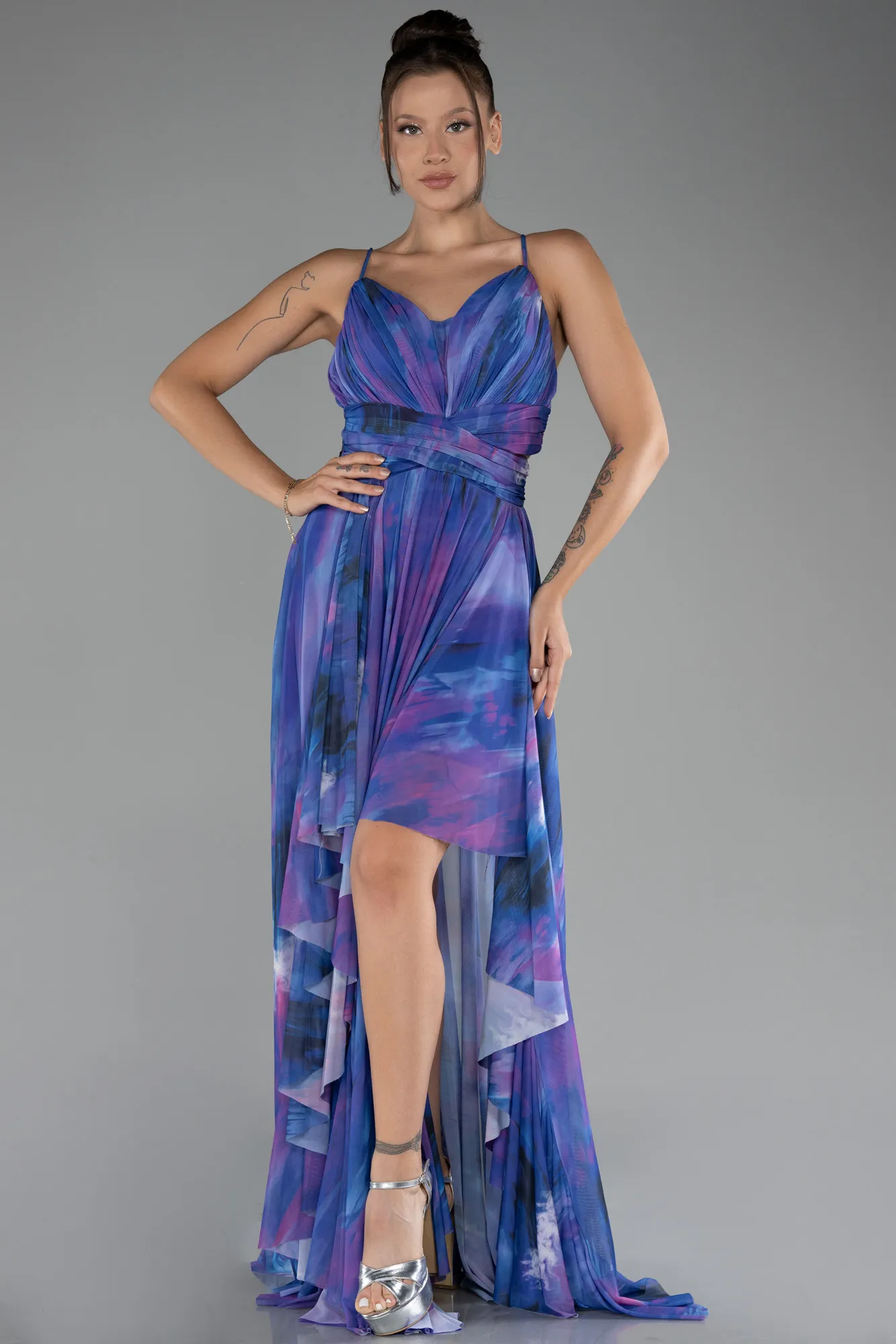 Purple-Slit Long Printed Prom Dress ABU4168