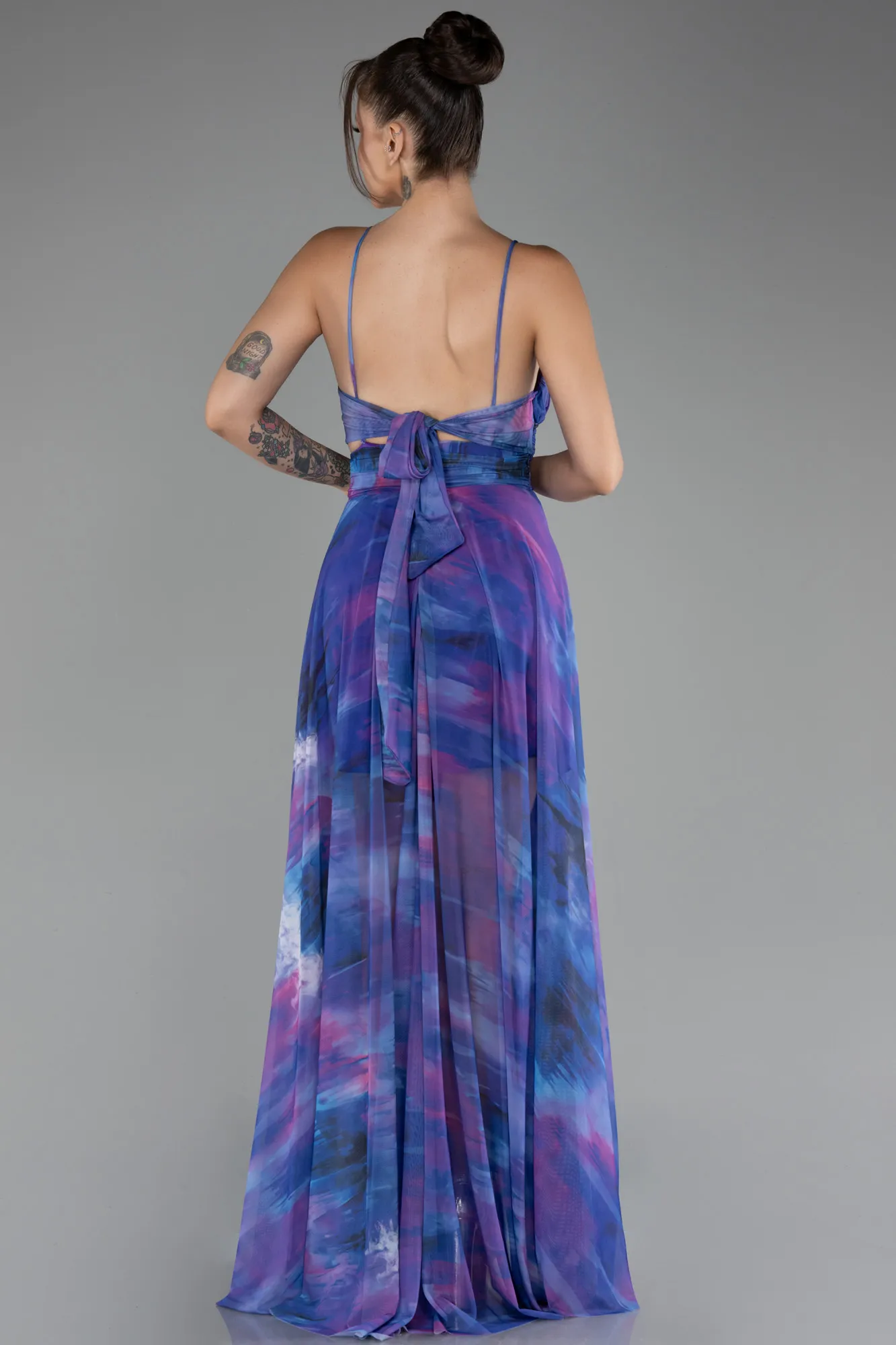 Purple-Slit Long Printed Prom Dress ABU4168