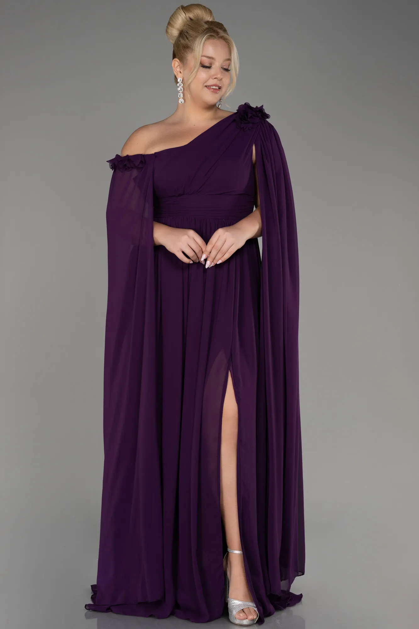 Purple-Slit Shawl Long Chiffon Plus Size Evening Dress ABU4002