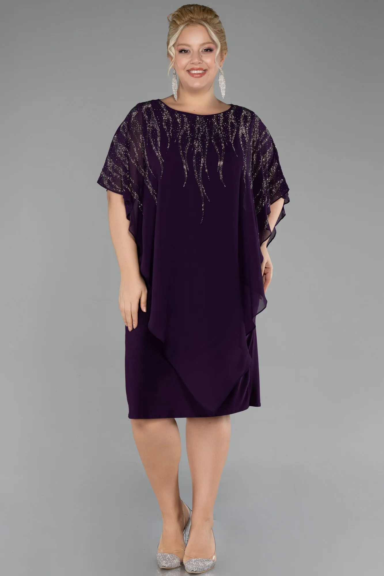 Purple-Stoned Short Sleeve Chiffon Midi Plus Size Evening Dress ABK2133