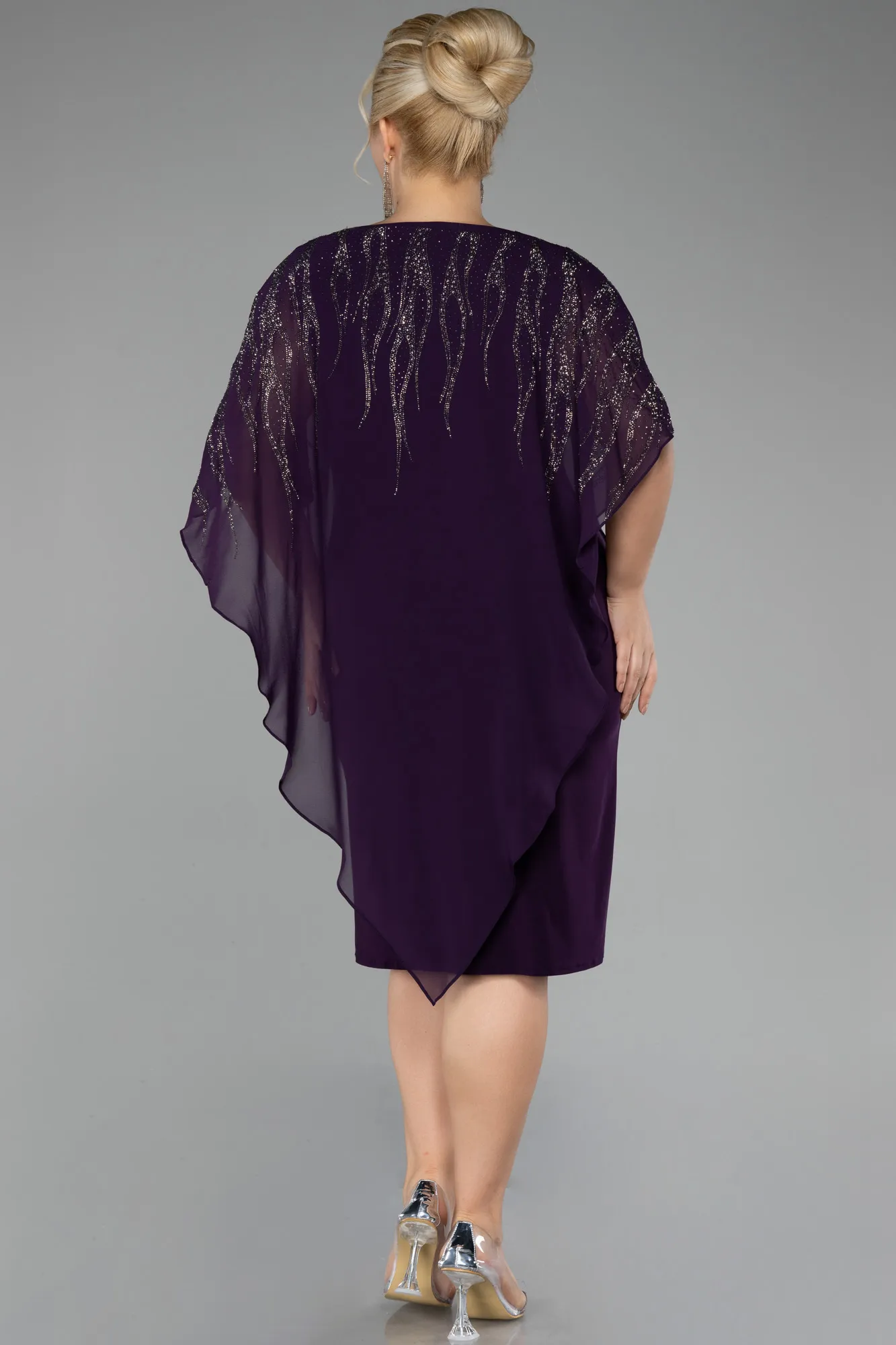 Purple-Stoned Short Sleeve Chiffon Midi Plus Size Evening Dress ABK2133