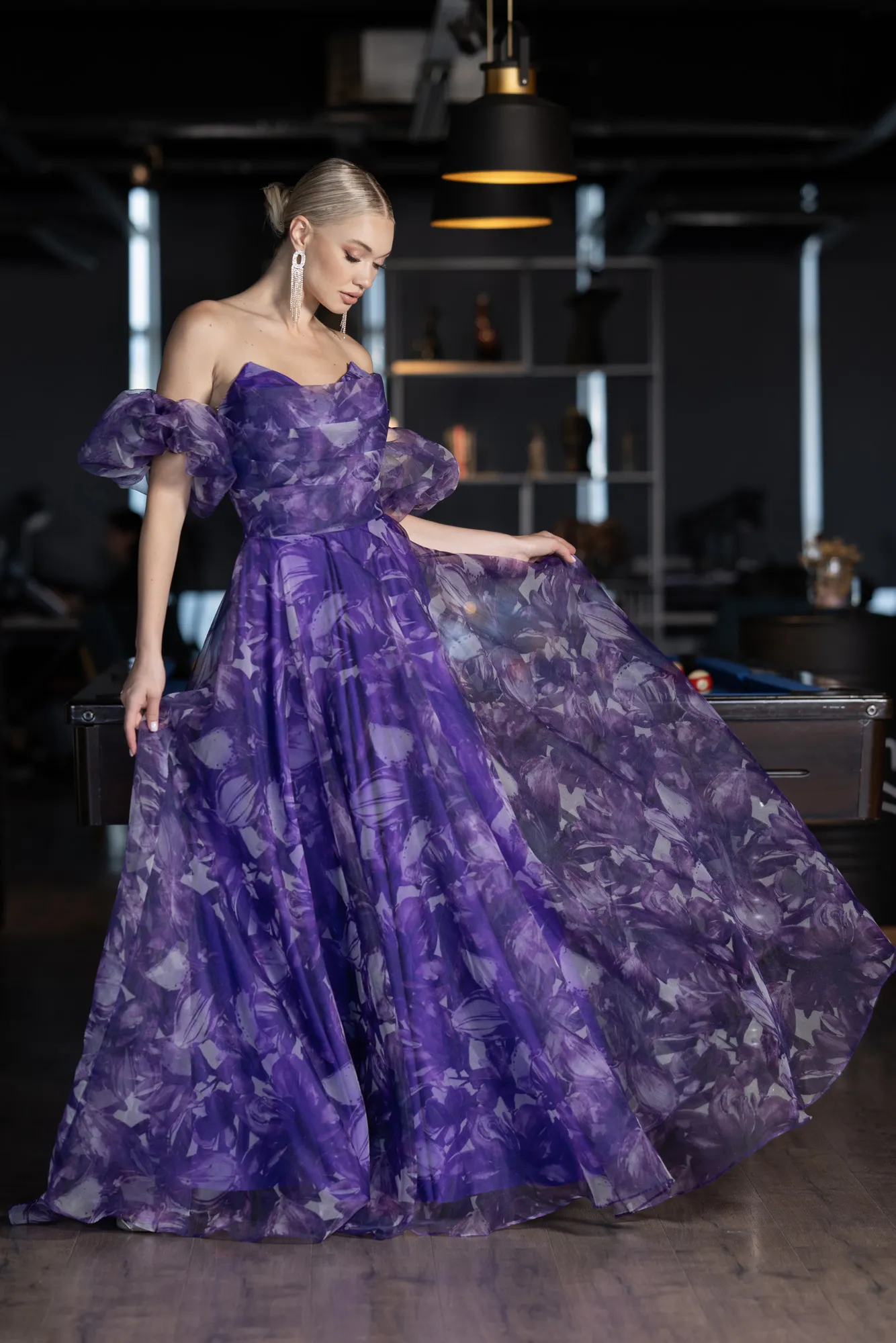 Purple-Strapless Patterned Long Chiffon Prom Dress ABU4064