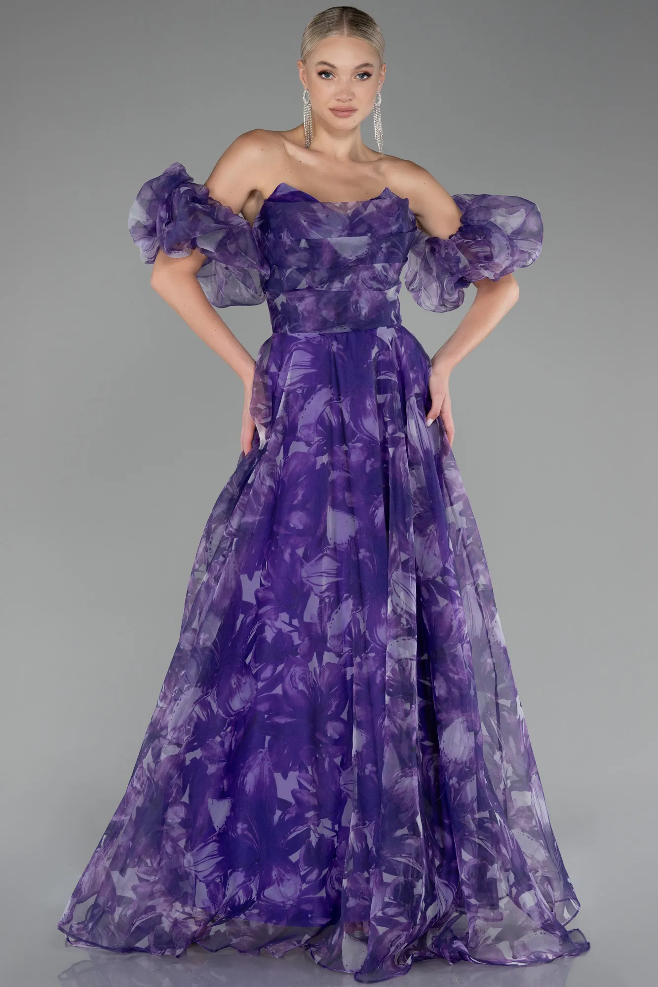 Purple-Strapless Patterned Long Chiffon Prom Dress ABU4064