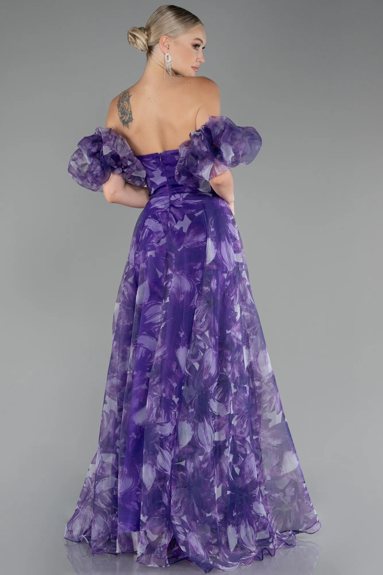 Purple-Strapless Patterned Long Chiffon Prom Dress ABU4064