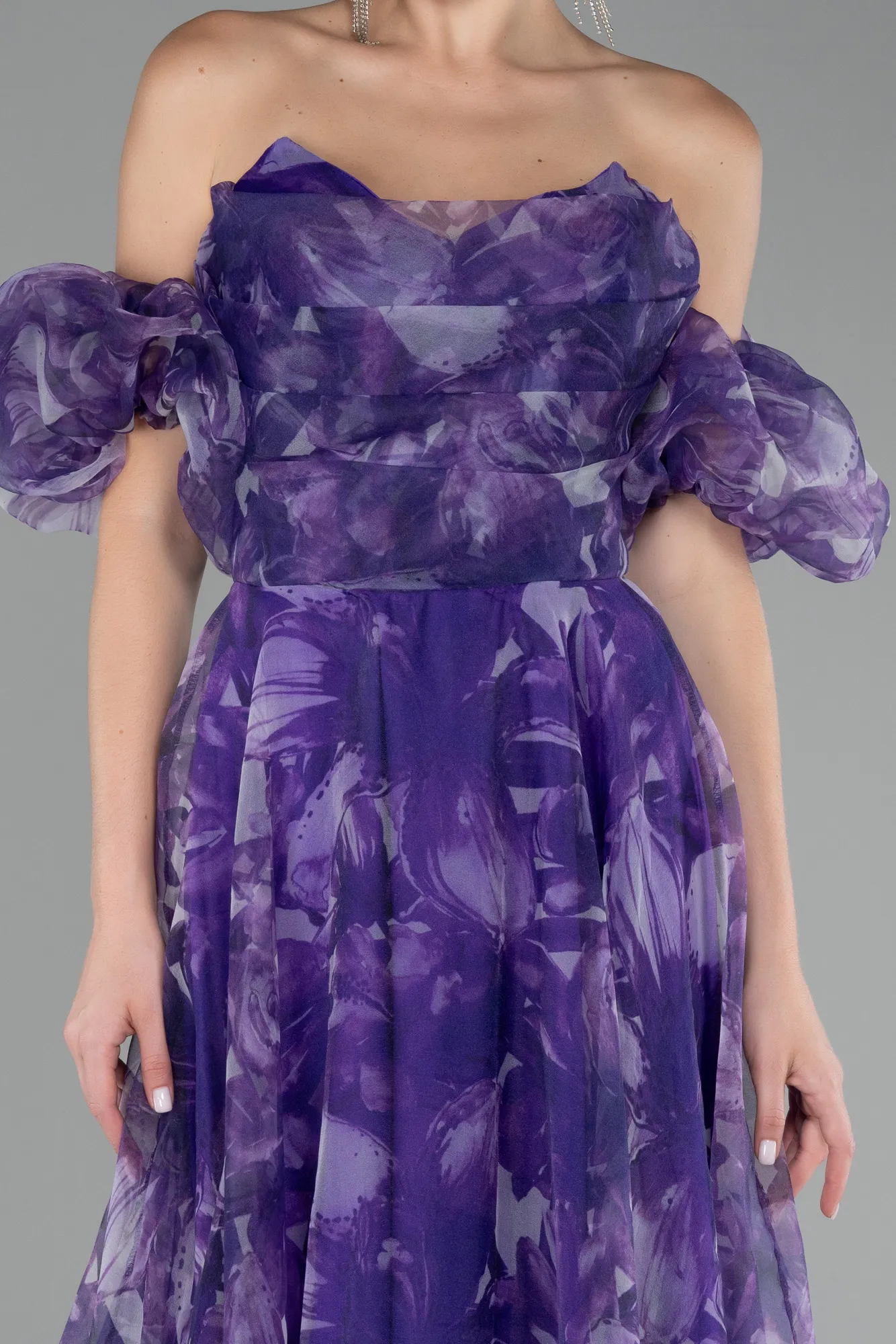 Purple-Strapless Patterned Long Chiffon Prom Dress ABU4064