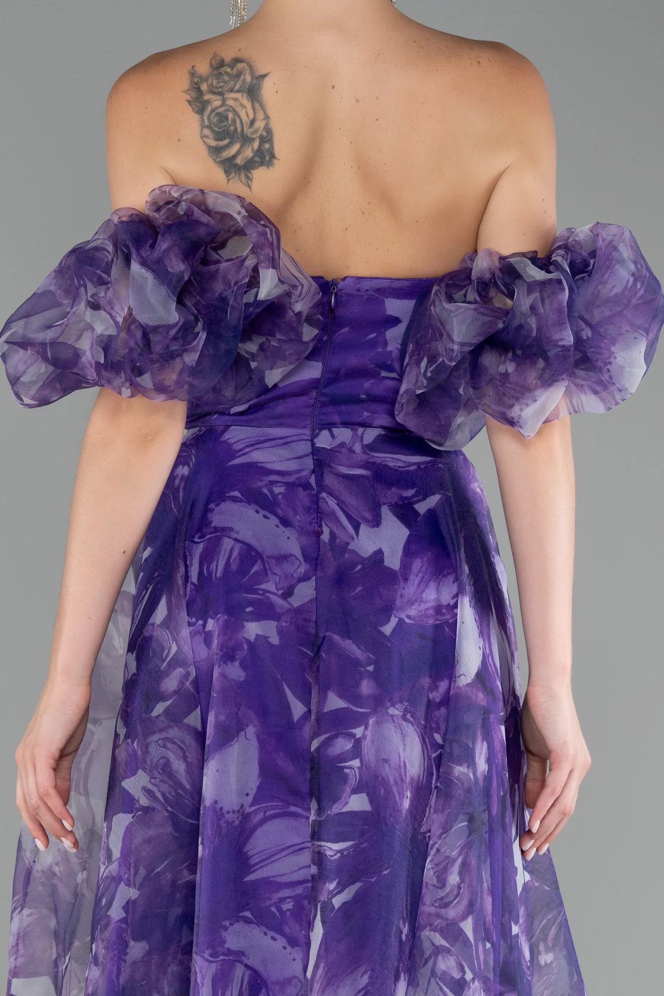 Purple-Strapless Patterned Long Chiffon Prom Dress ABU4064