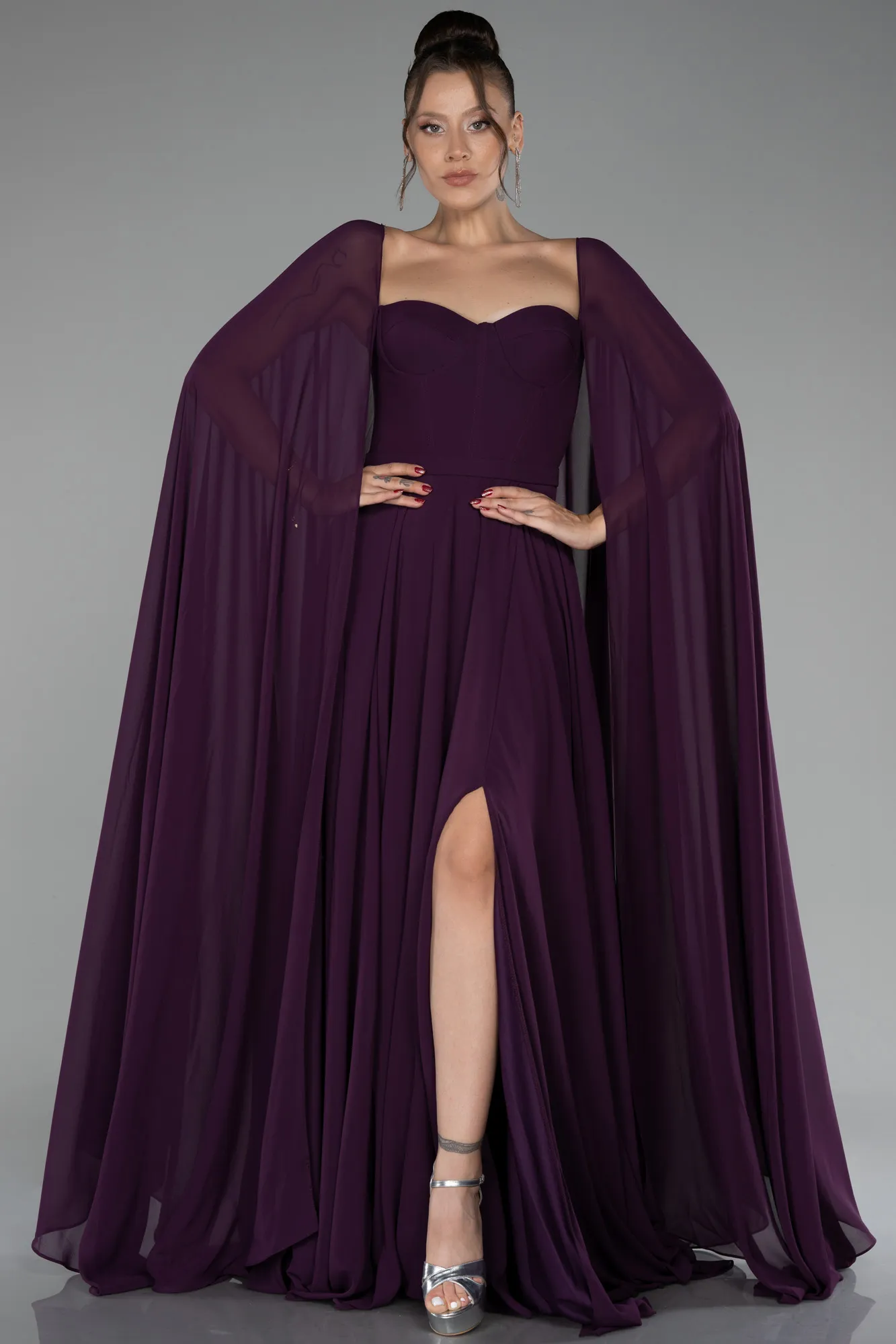 Purple-Strapless Shawl Sleeve Long Chiffon Evening Dress ABU4158