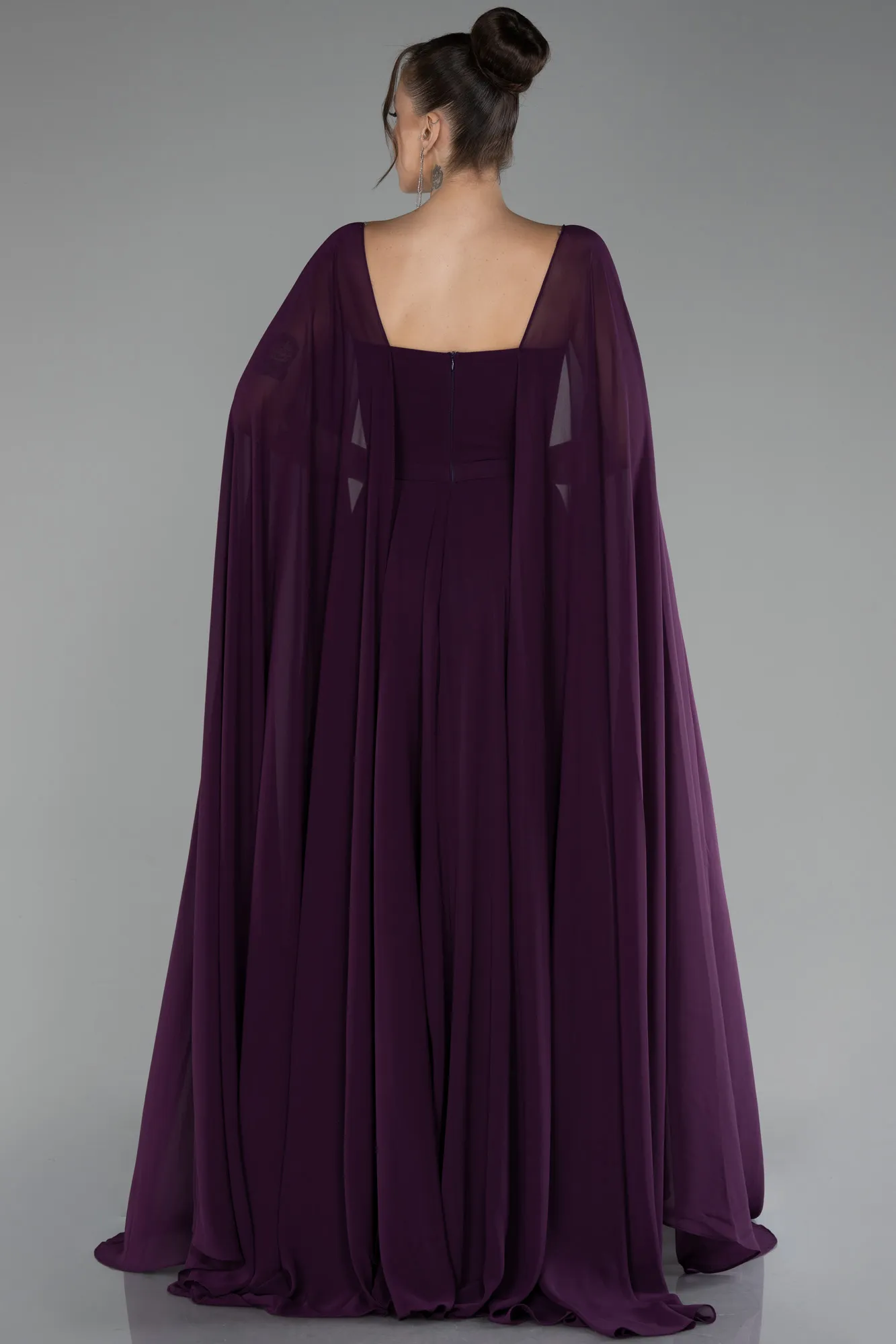 Purple-Strapless Shawl Sleeve Long Chiffon Evening Dress ABU4158