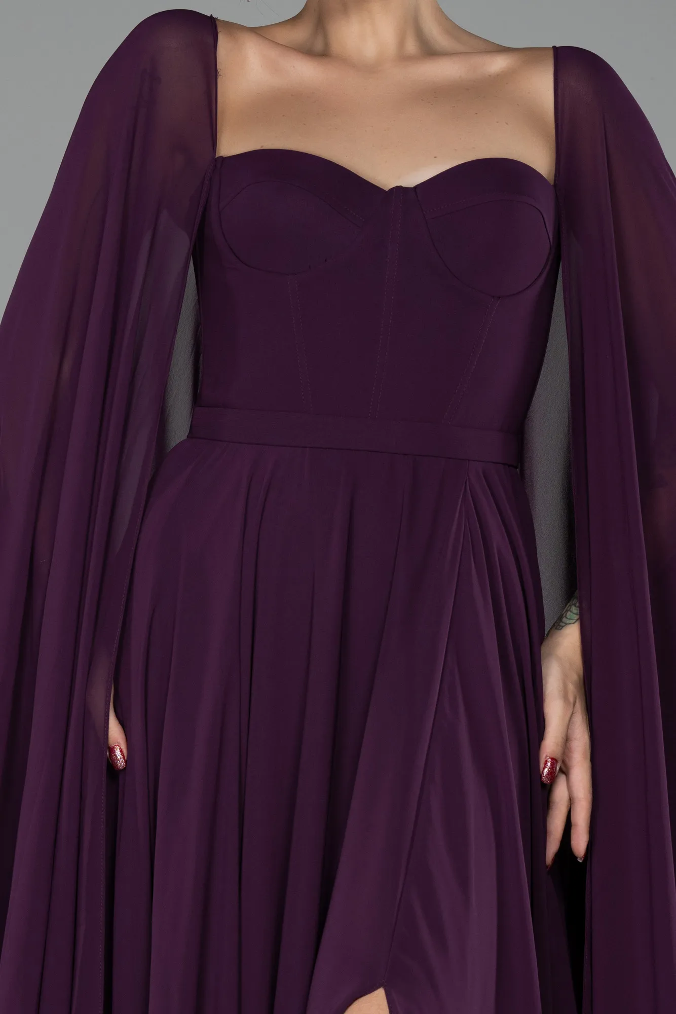 Purple-Strapless Shawl Sleeve Long Chiffon Evening Dress ABU4158