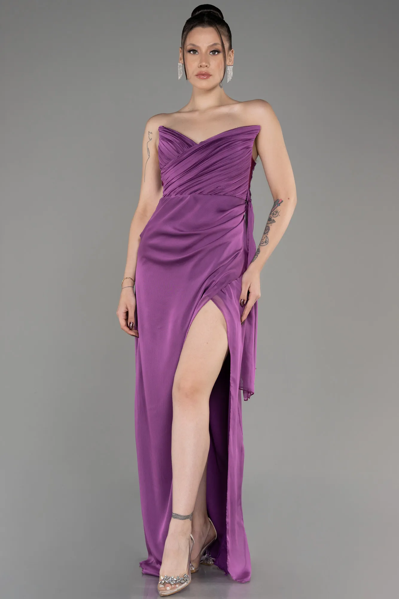 Purple-Strapless Slit Long Chiffon Evening Dress ABU3947