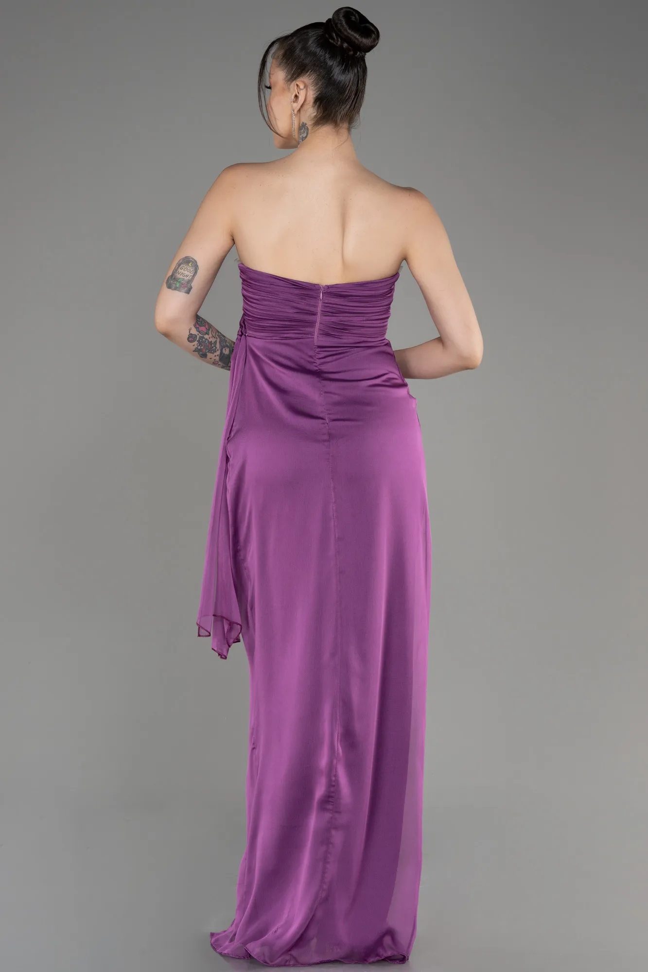 Purple-Strapless Slit Long Chiffon Evening Dress ABU3947