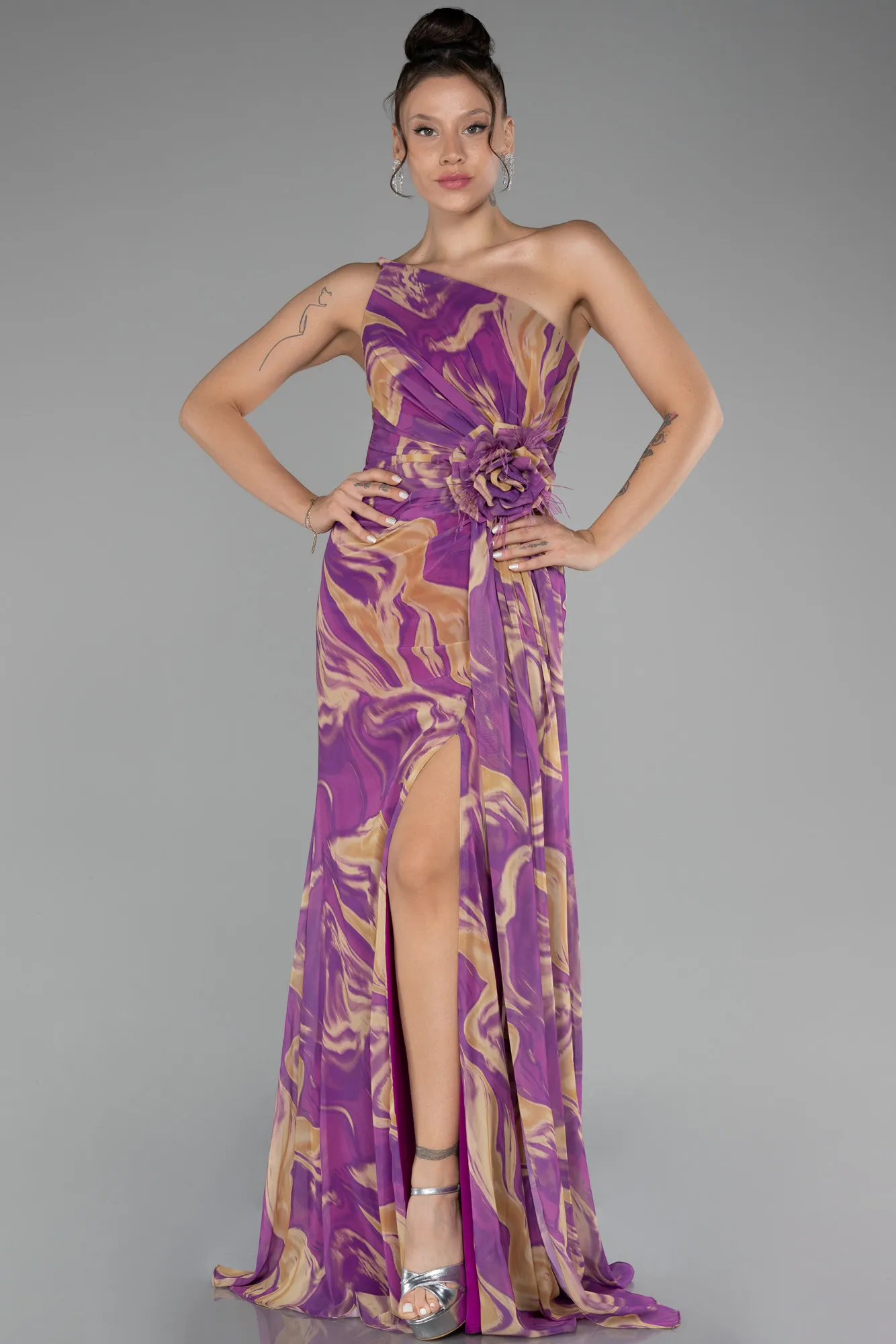 Purple-Strapless Slit Long Patterned Prom Gown ABU4590