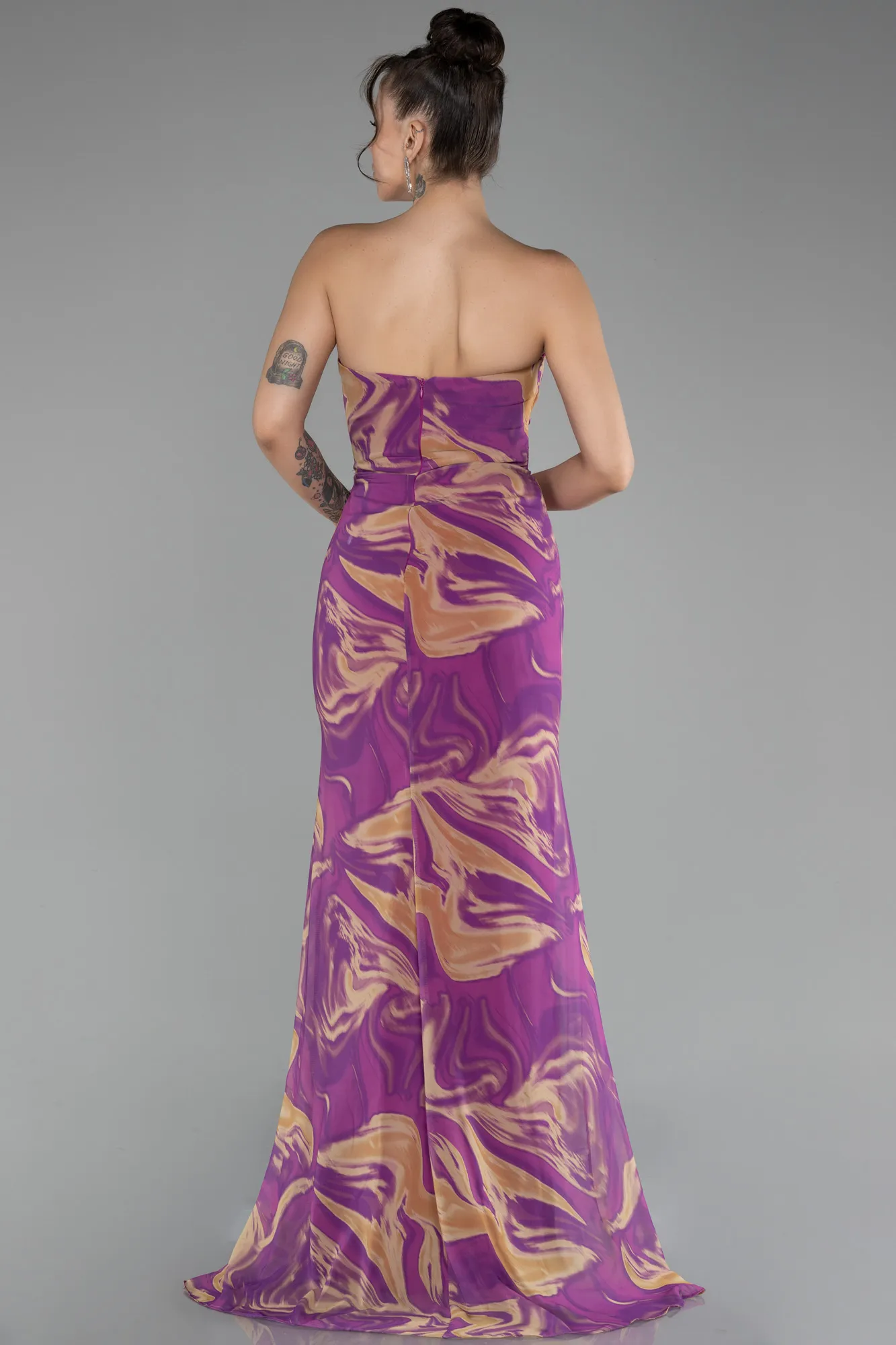 Purple-Strapless Slit Long Patterned Prom Gown ABU4590