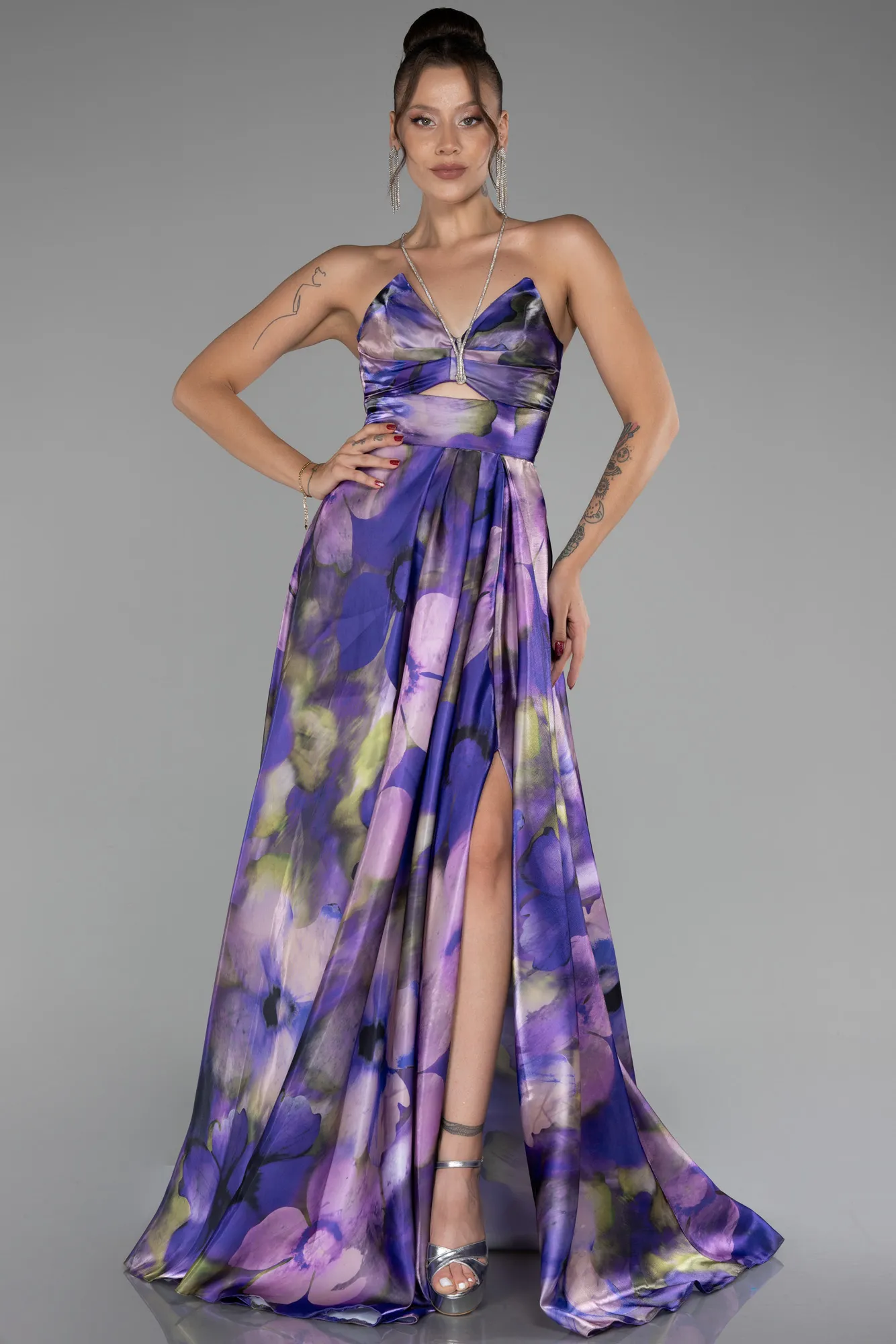 Purple-Strapless Slit Long Printed Evening Gown ABU4156