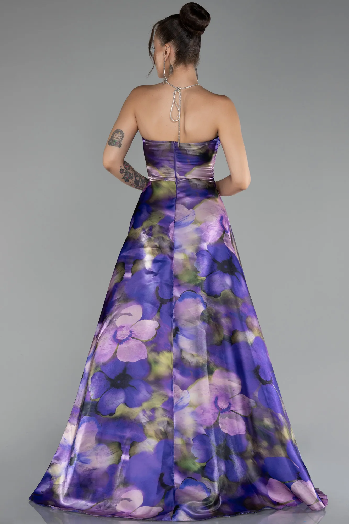 Purple-Strapless Slit Long Printed Evening Gown ABU4156