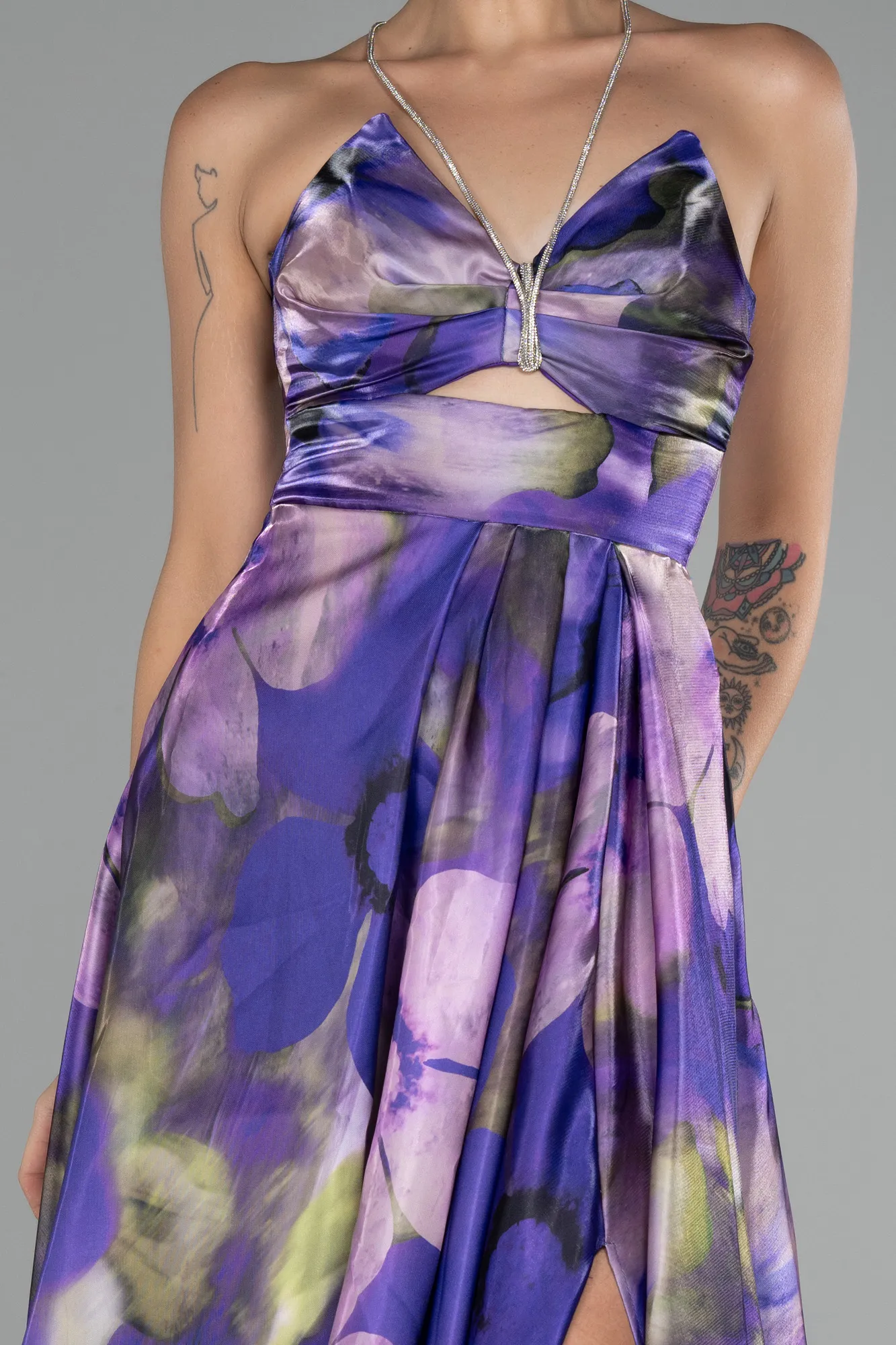 Purple-Strapless Slit Long Printed Evening Gown ABU4156