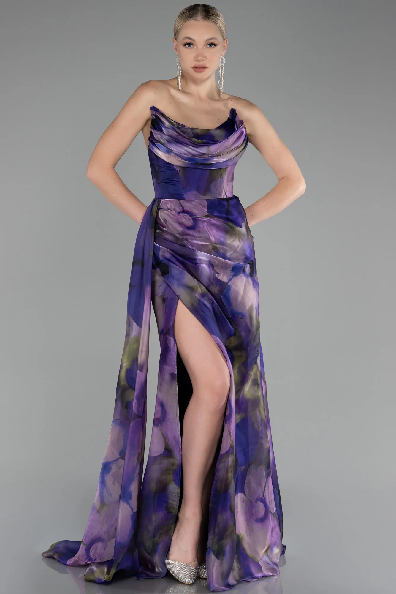 Purple-Strapless Slit Long Printed Satin Prom Dress ABU4169