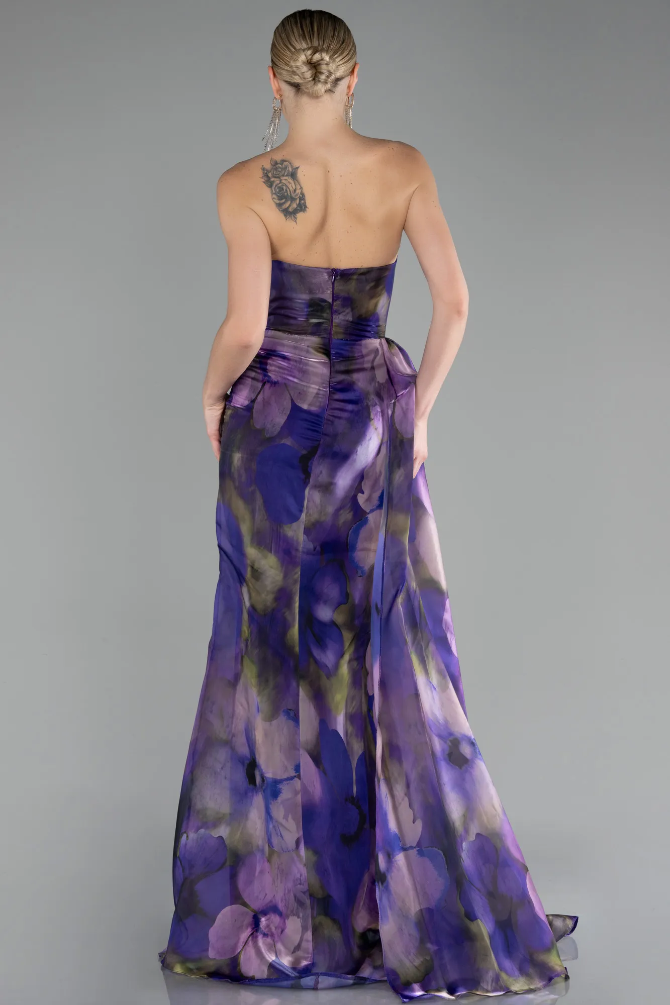 Purple-Strapless Slit Long Printed Satin Prom Dress ABU4169