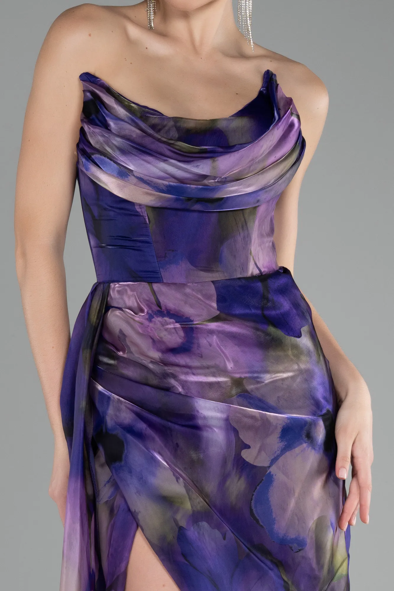 Purple-Strapless Slit Long Printed Satin Prom Dress ABU4169