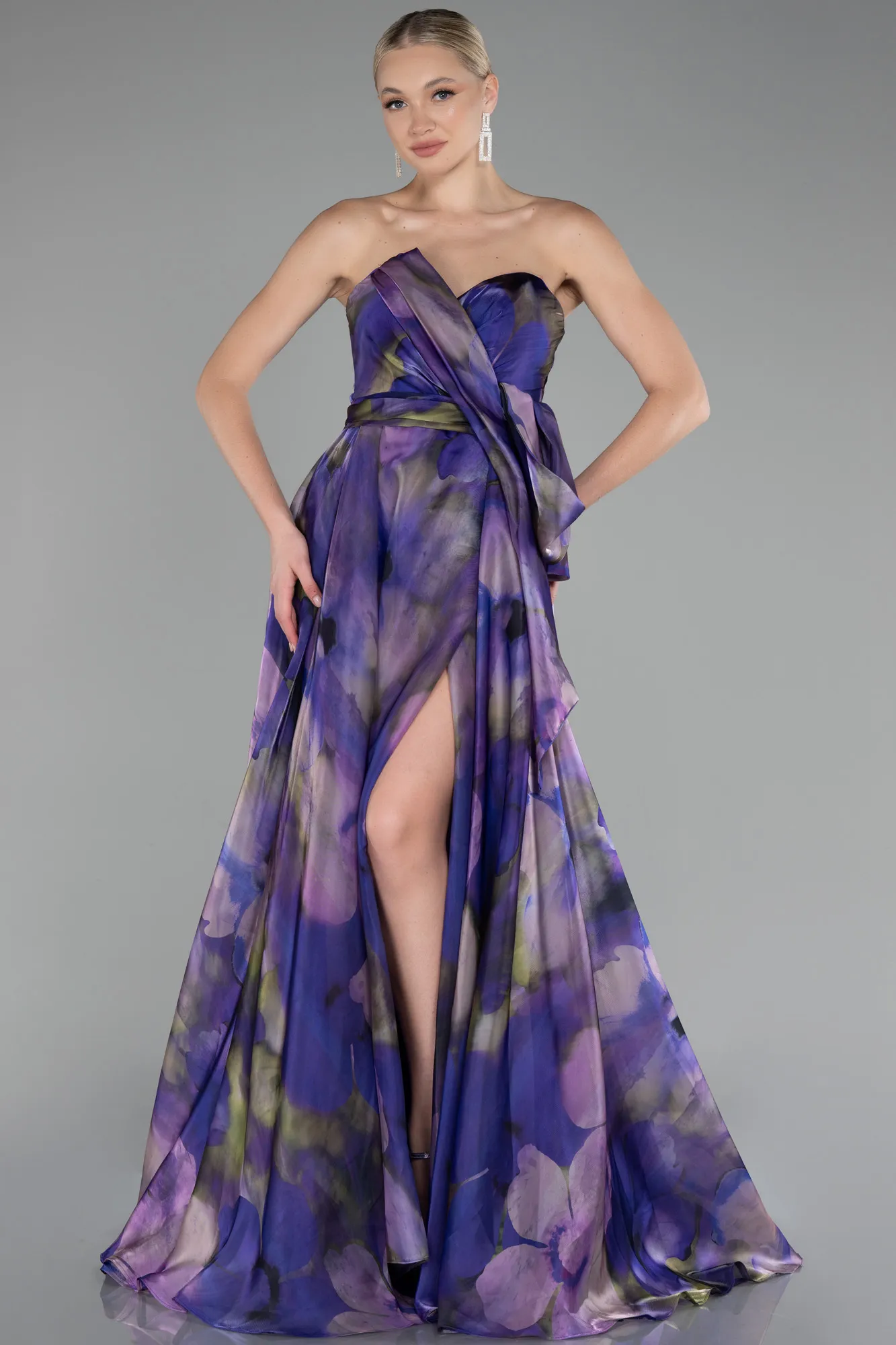 Purple-Strapless Slit Long Satin Printed Prom Gown ABU4157