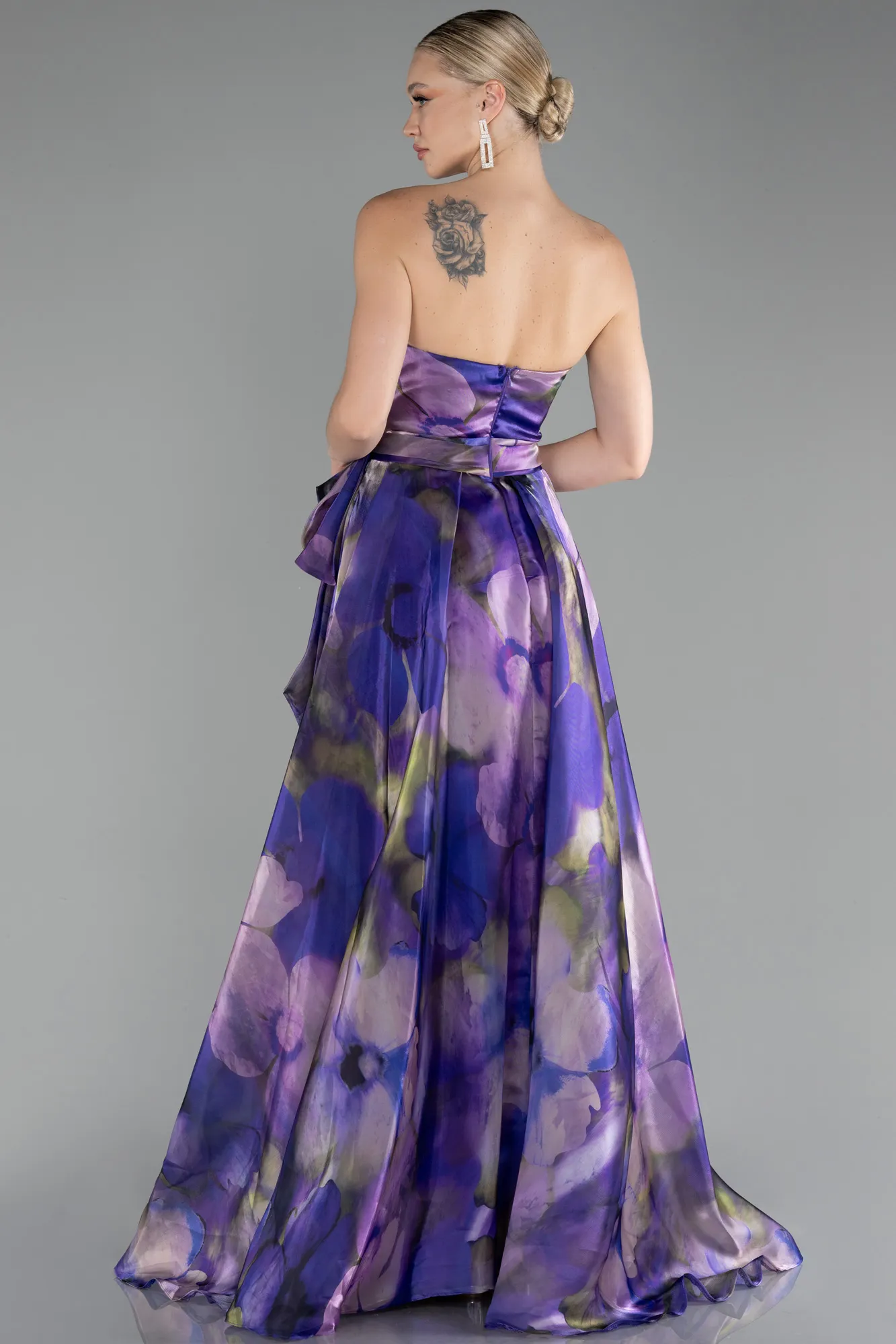 Purple-Strapless Slit Long Satin Printed Prom Gown ABU4157