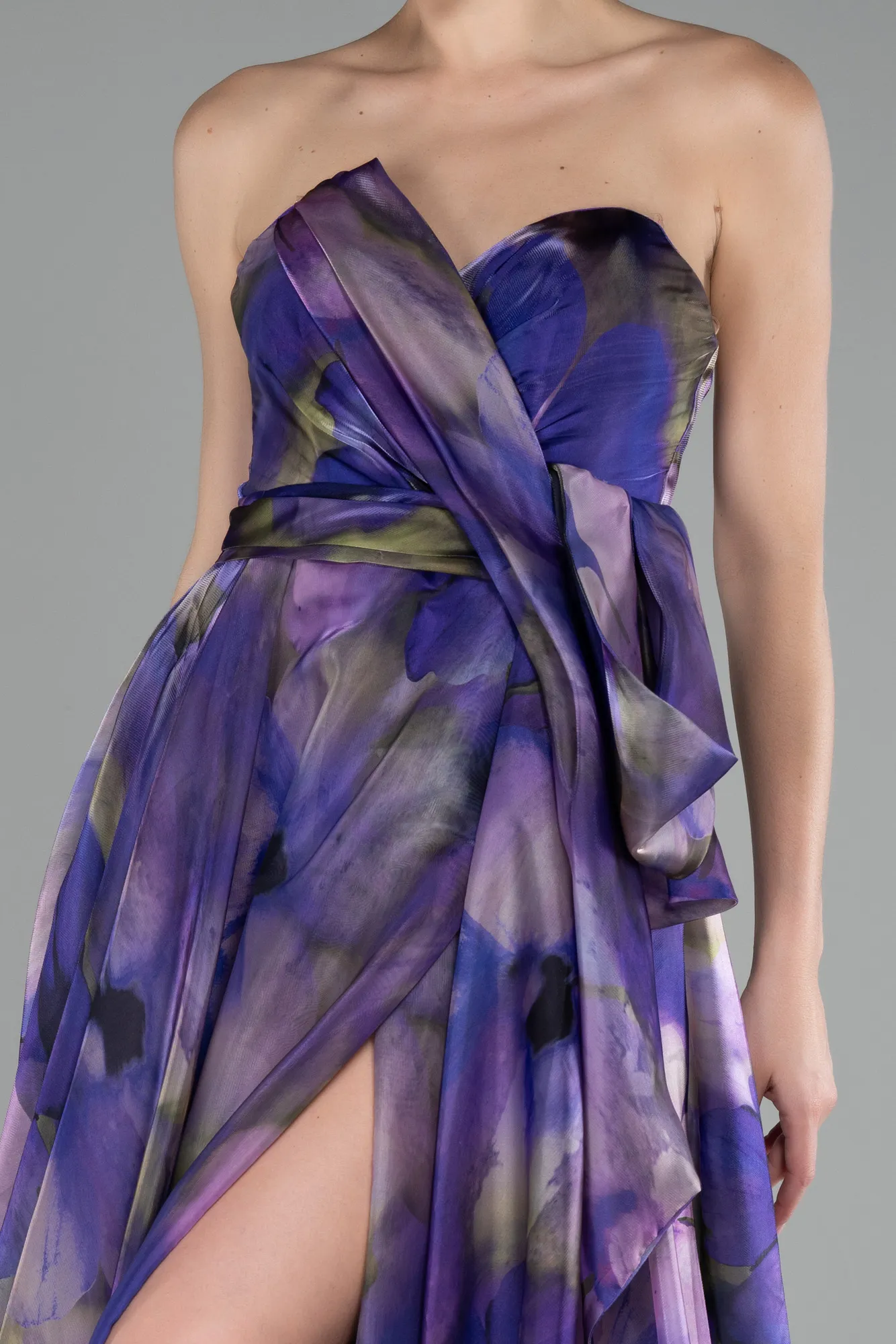 Purple-Strapless Slit Long Satin Printed Prom Gown ABU4157